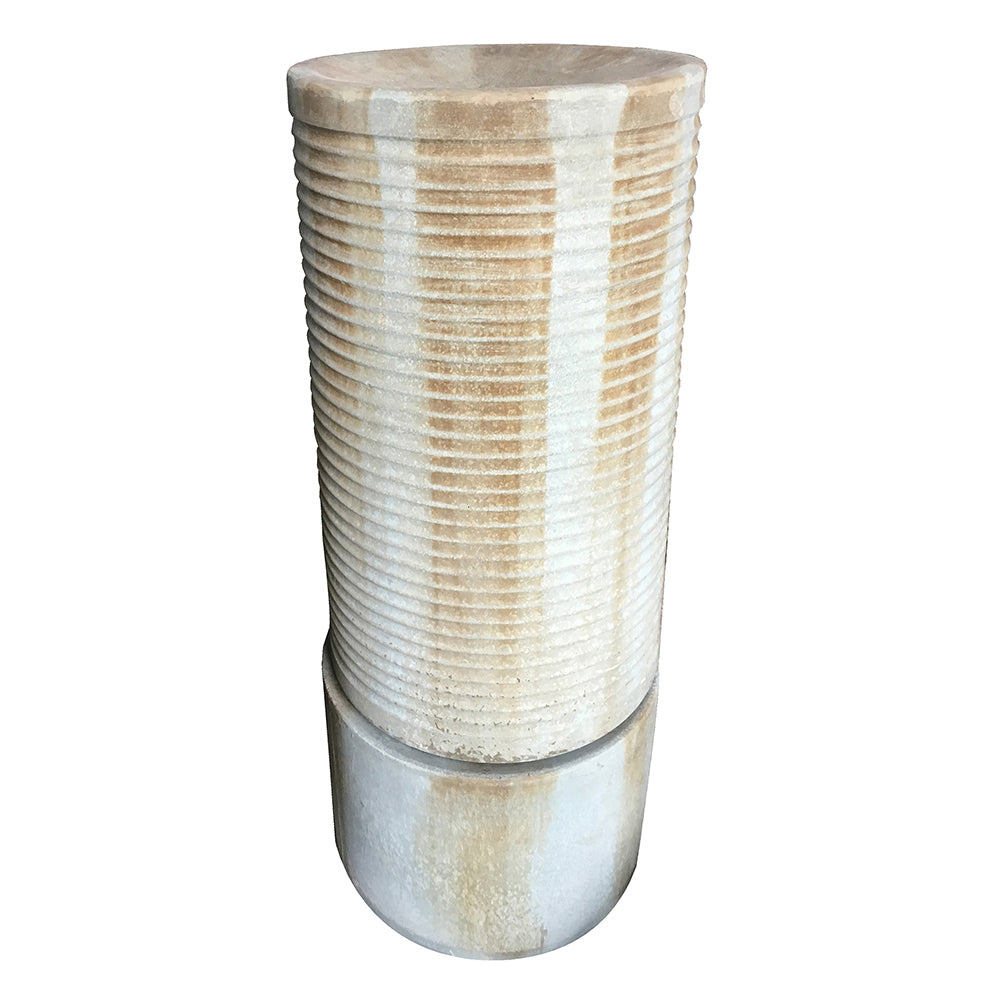 44' Tall Large Modern Cylinder Ribbed Tower Water Fountain, Contemporary Antique Finish Outdoor Bird Bath Concrete Fountain