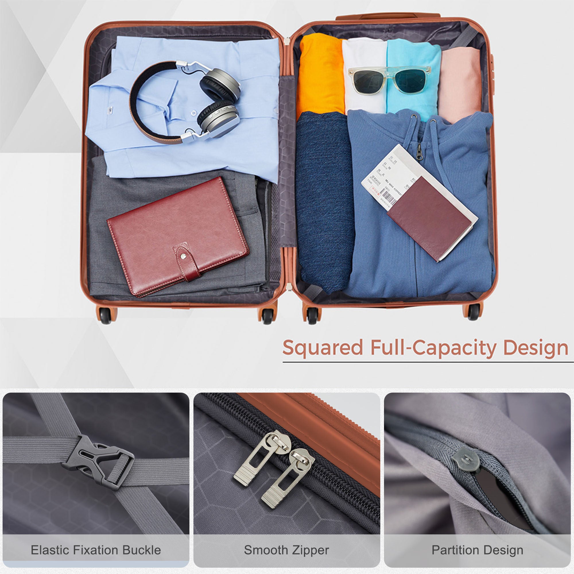 3-Piece Luggage Set New Model | ABS Hardside Spinner Suitcases with TSA Lock (Ivory & Brown)