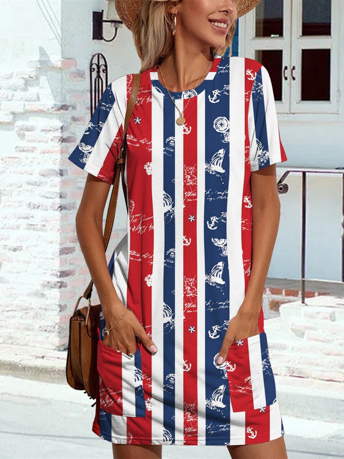 Pocketed Striped Round Neck Short Sleeve Dress for Women