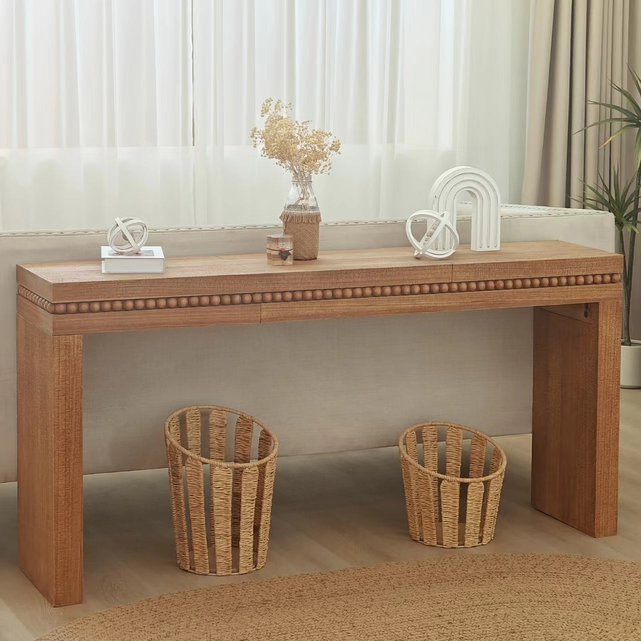 Convenience Concepts Natural Wood Console Table/Desk with Real Wood Beads Decoration