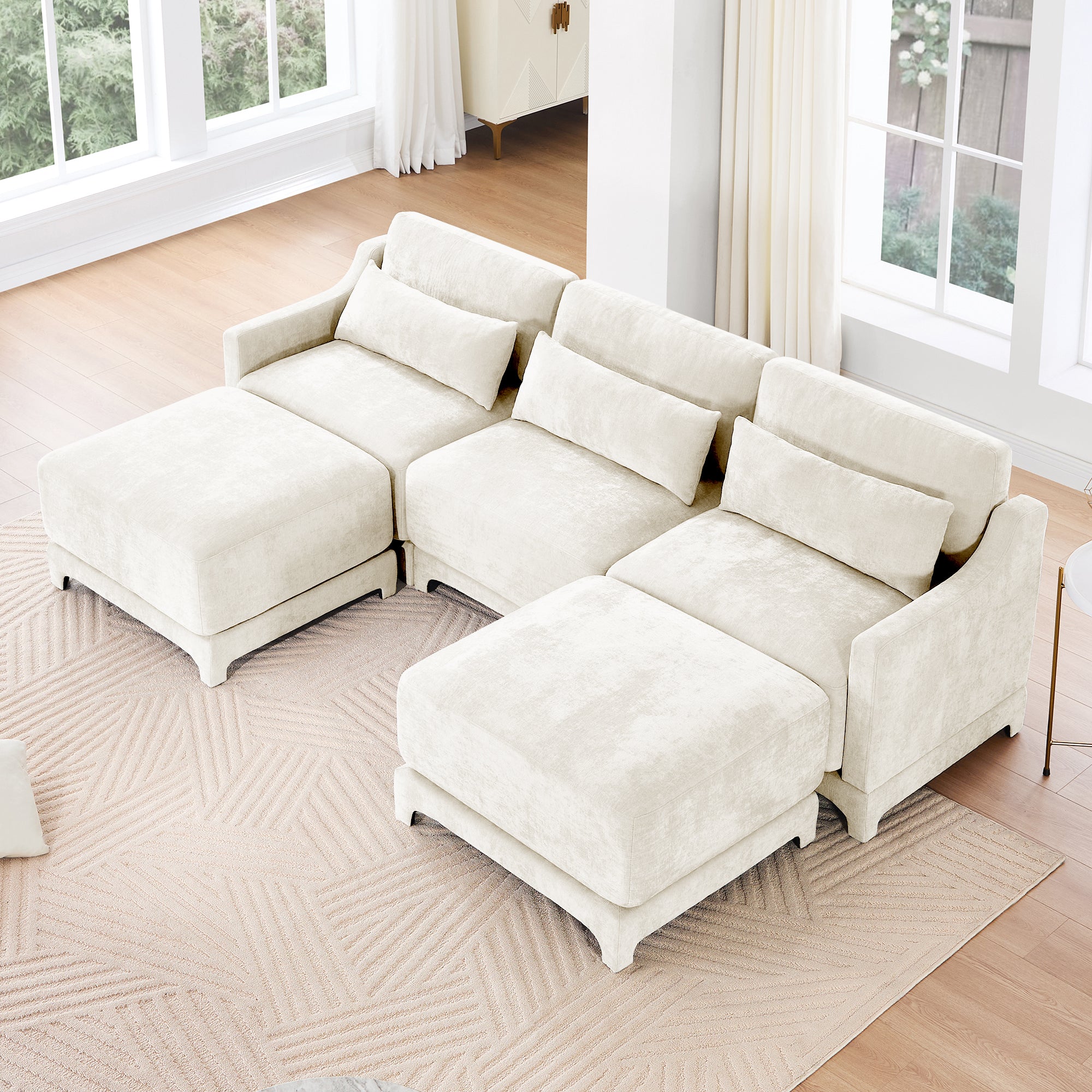 Three-Seater Sofa with 2 Movable Ottomans & Lumbar Pillow – Beige Chenille Fabric, High-Resilience Sponge, Wooden Base, Elegant Armrests, Easy Assembly – Ideal for Living Rooms & Studies