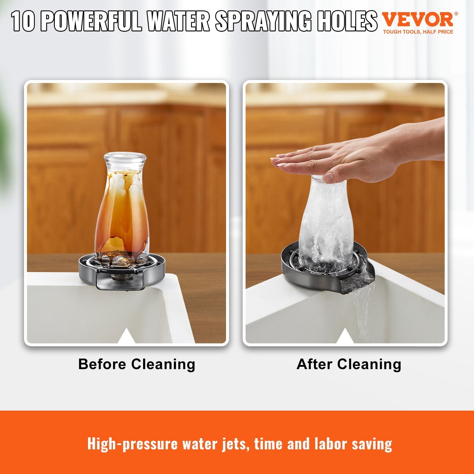 304 Stainless Steel Glass Rinser | 10-Jet Faucet Cup Washer for Sink