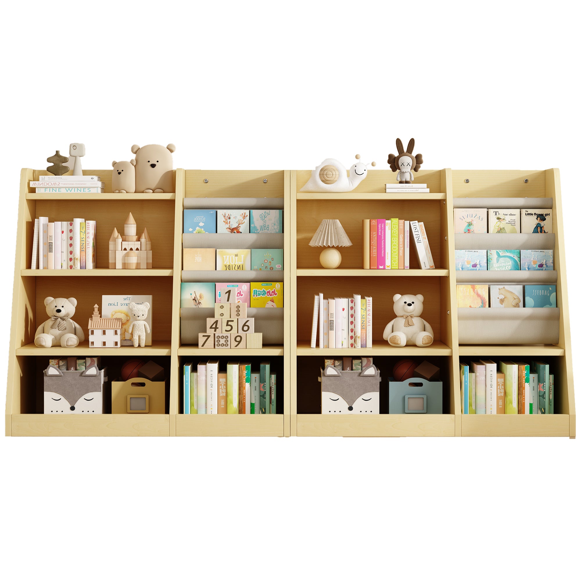 Wooden Toy Storage Organizer Cabinet – Natural Wood Kids Bookshelf, Adjustable Sling Book Rack for Playroom, Bedroom, Nursery, Hallway, and Kindergarten