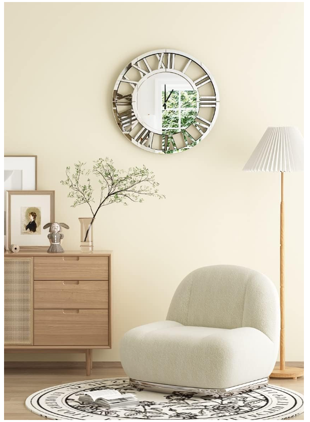 24" Large Mirrored Wall Clock – Silver Decorative Wall Clock for Living Room, Modern Battery-Operated Wall Clock with Hour & Minute Hands