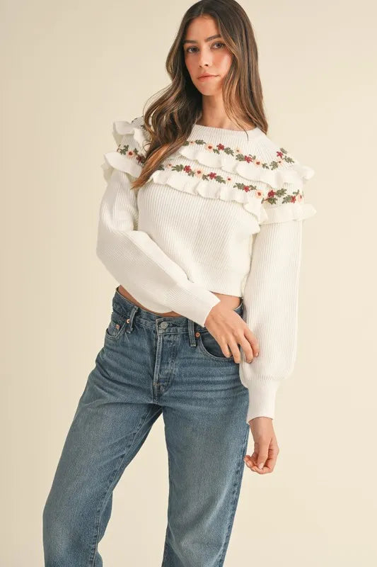 MABLE Floral Embroidered Ruffle Detail Sweater
