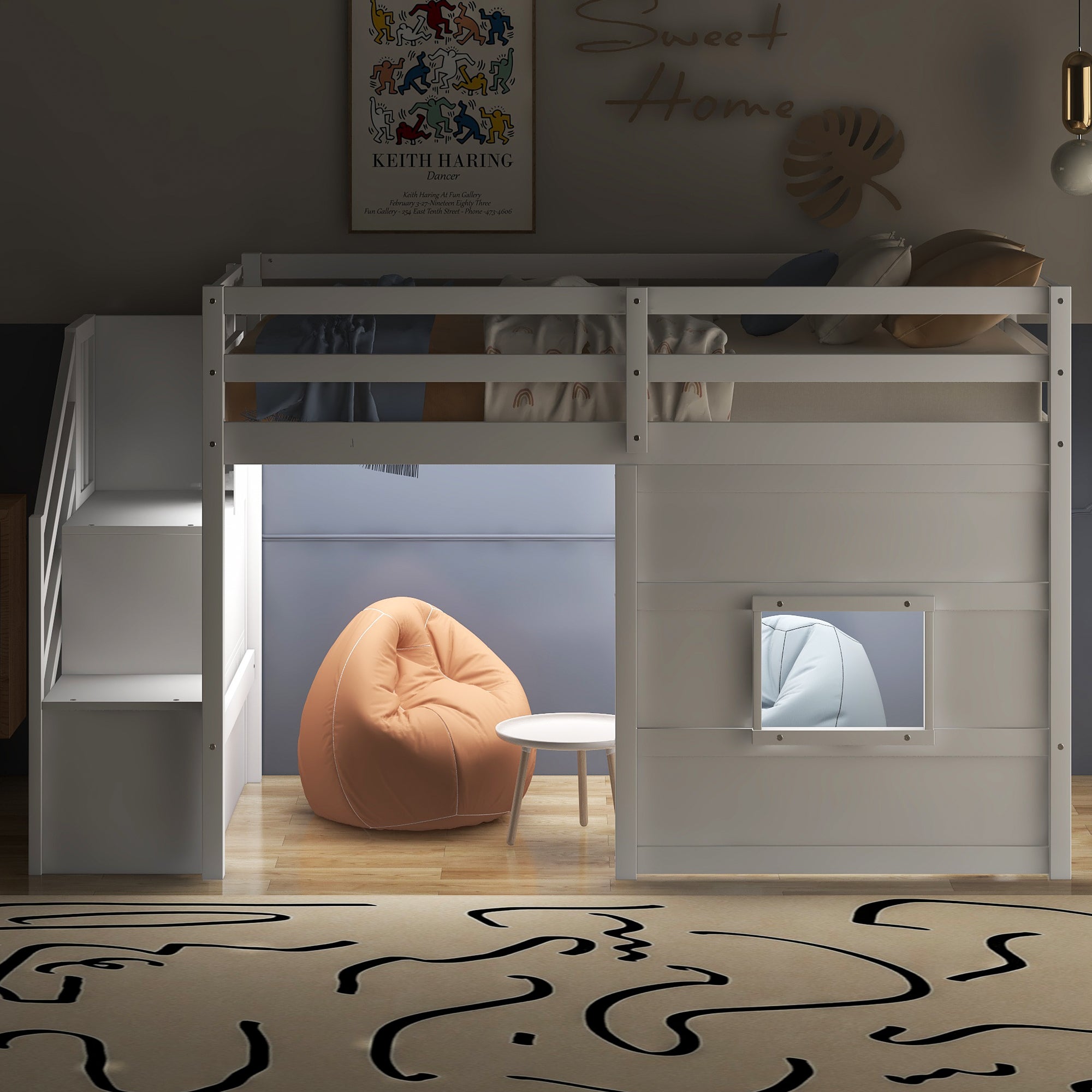 Twin Size Loft Bed with Storage Staircase and Window, With LED Light, White