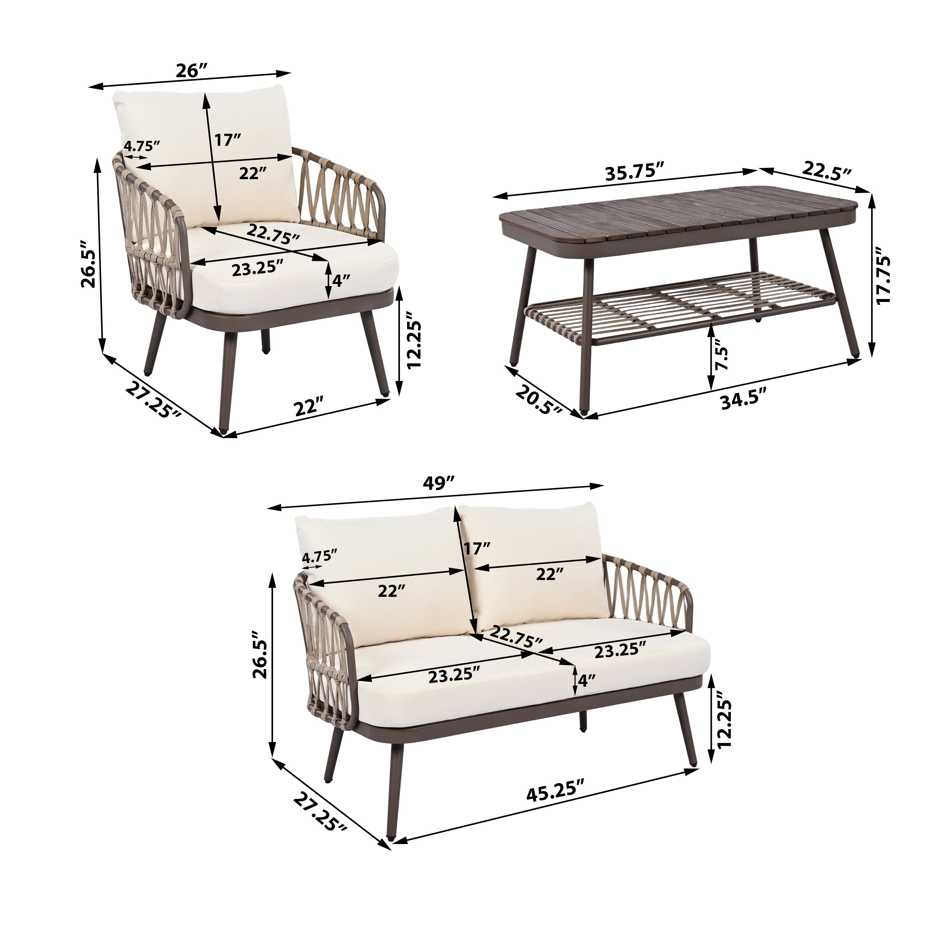 4-Piece Outdoor Patio Furniture Set – Metal Chairs with Woven Rope U-Shaped Backrest & Coffee Table | Brown & Beige Conversation Set for Garden, Poolside, Balcony