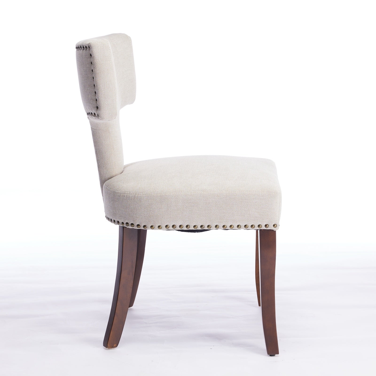 Mid Century Modern Dining Chairs Set of 2, Farmhouse Linen Fabric Upholstered Accent Chair Curved Backrest with Copper Nails around,Kitchen Chairs with Hardwood Frame, Beige