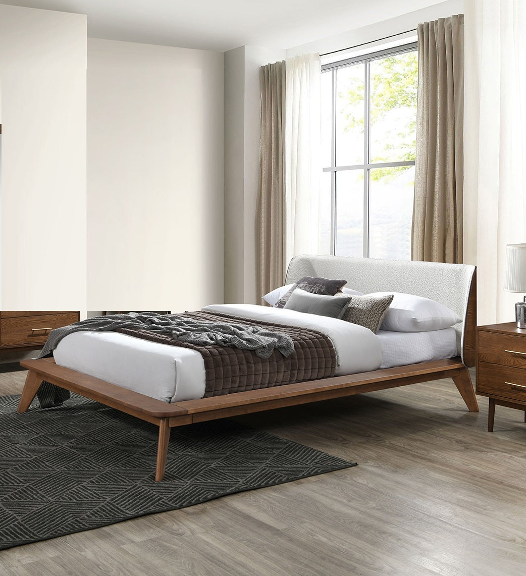 Walnut / Beige Color Full Size Bed 1pc Fabric Winged Edge Headboard Platform Bedframe Mattress Ready Mid-Century Modern Style