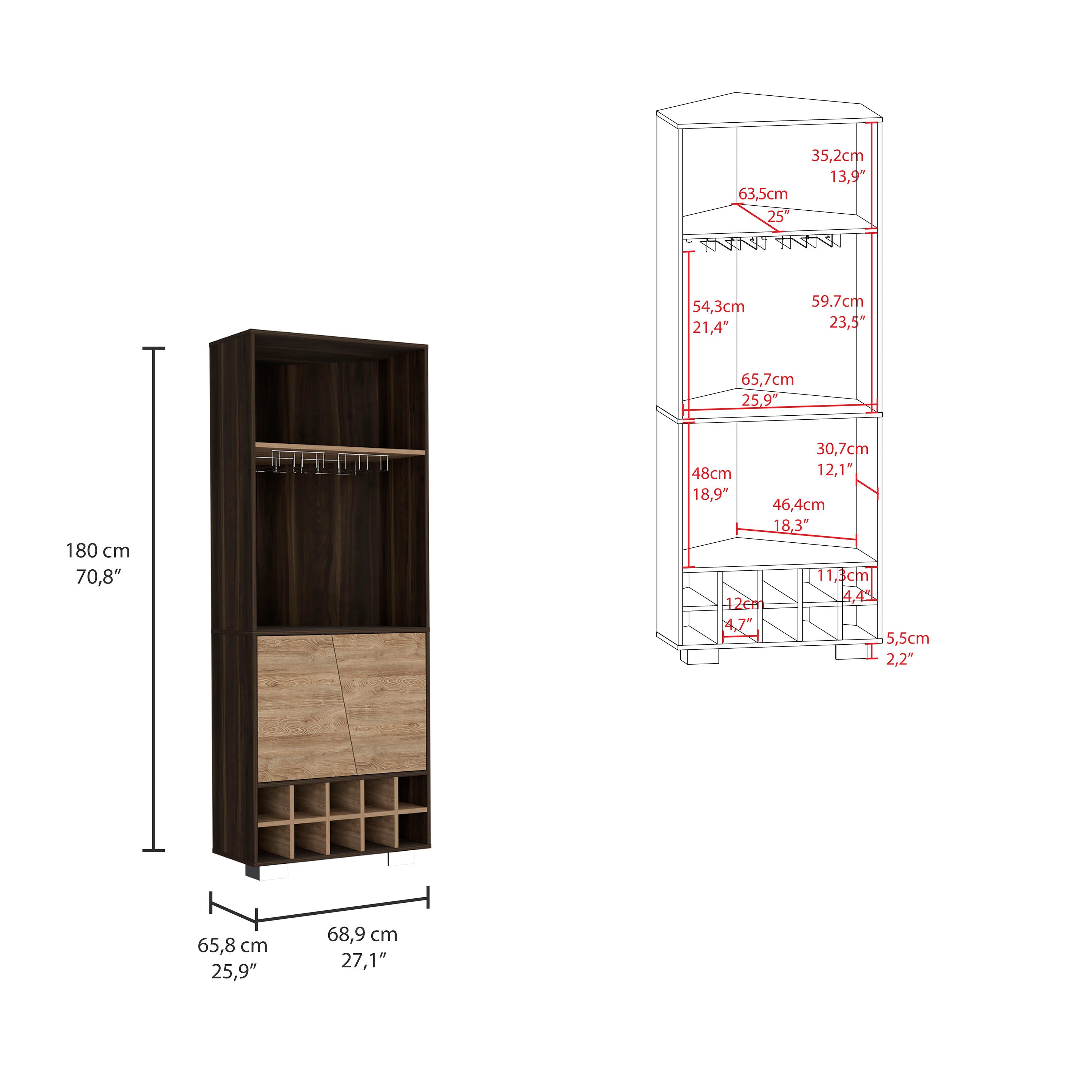 Fraktal Corner Bar Cabinet, Ten Built-in Wine Rack, Two Shelves, Double Door Dark Oak / Pine