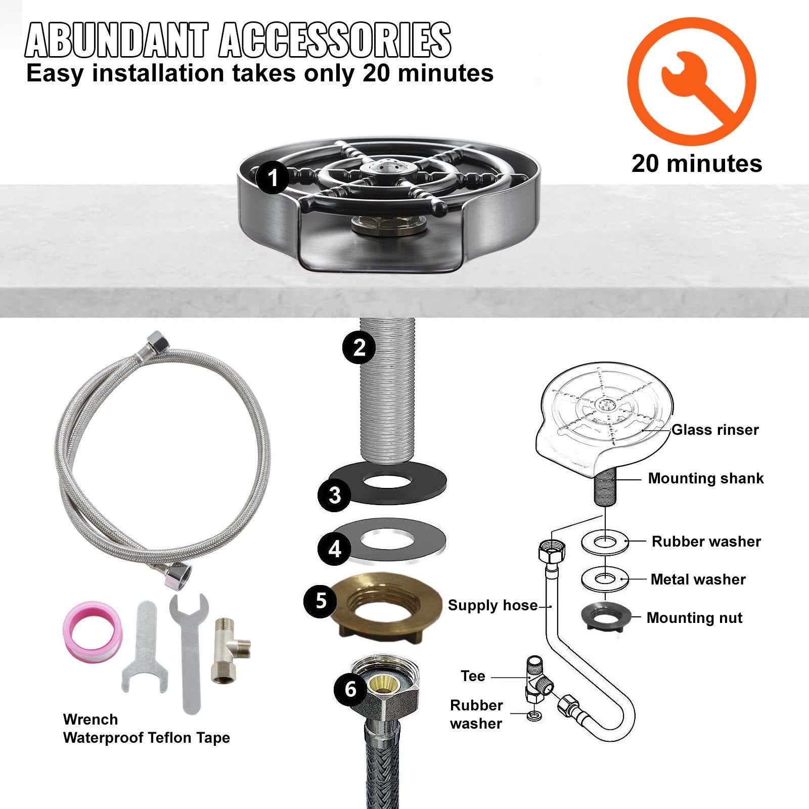 304 Stainless Steel Glass Rinser | 10-Jet Faucet Cup Washer for Sink