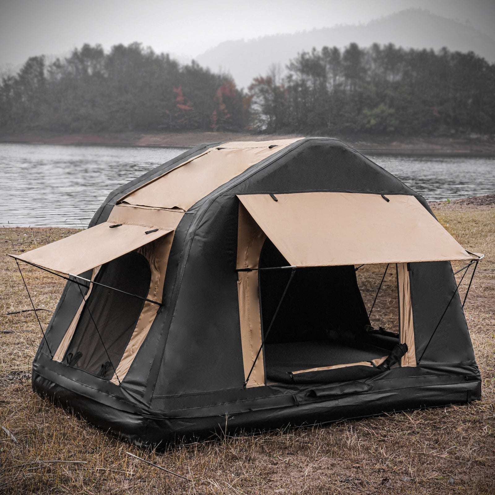 Foldable Amphibious Inflatable Roof Top Tent for 2-3 People – Two-Tone Khaki & Black, SUV & Truck Camping Tent (No Ladder)