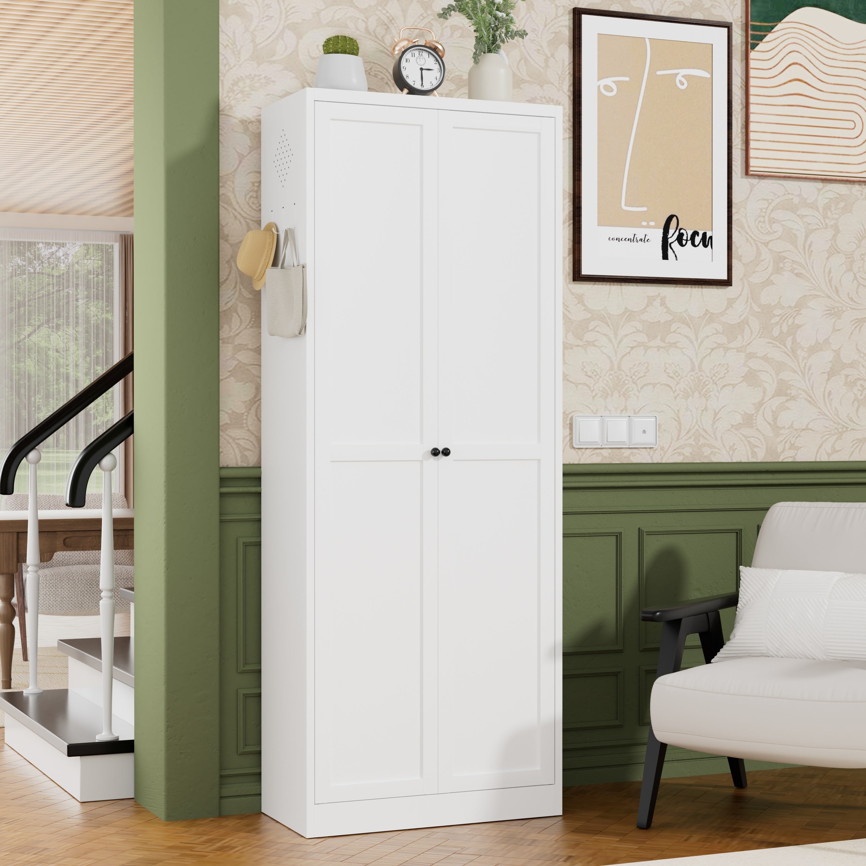 72' Kitchen Pantry Cabinet, Farmhouse Storage with 5 Adjustable Shelves & Magnetic Closure, White Metal Freestanding Cupboard for Dining Room, Assembly Required