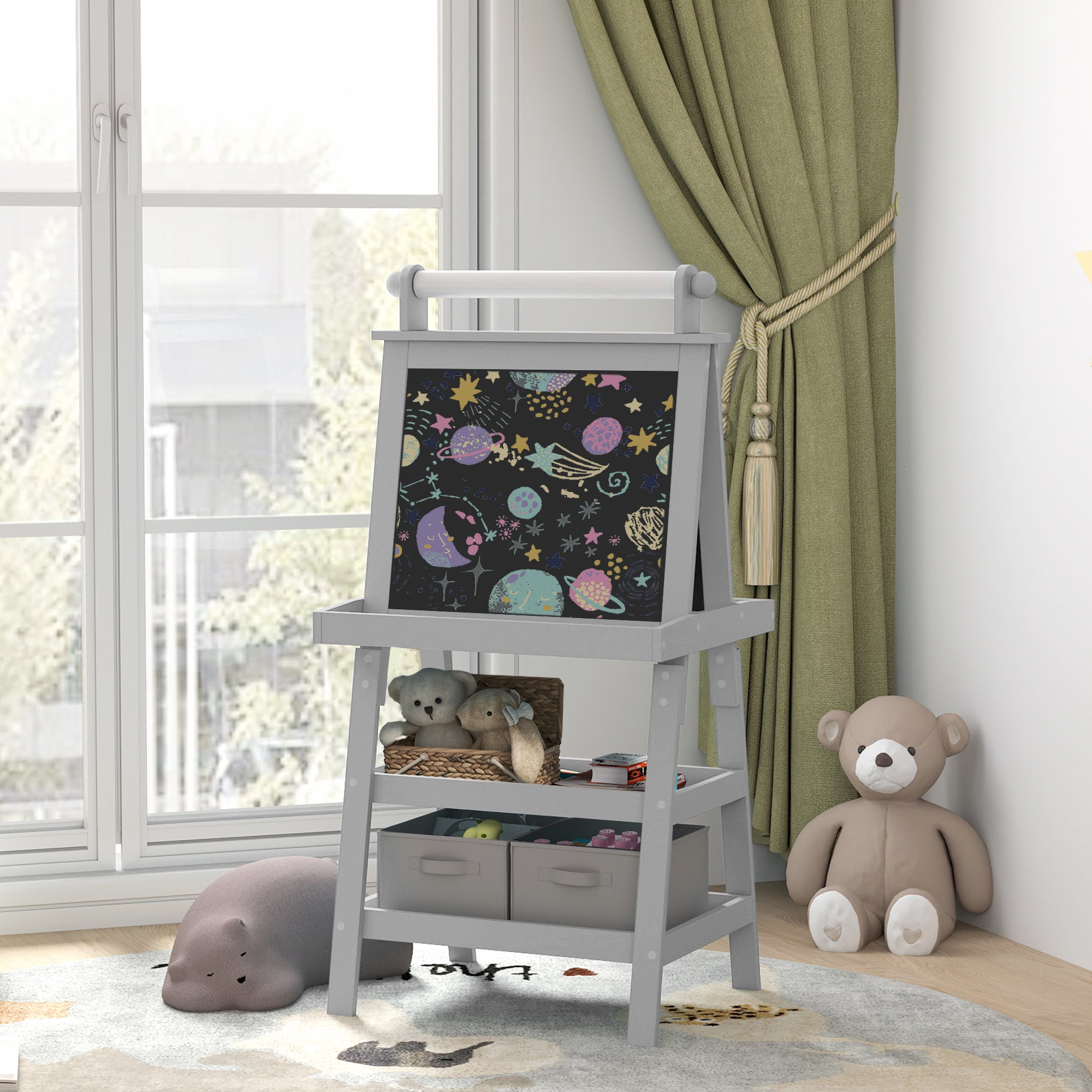 Qaba Double-Sided Kids Art Easel | Magnetic Whiteboard, Chalkboard & Paper Roll (Gray)