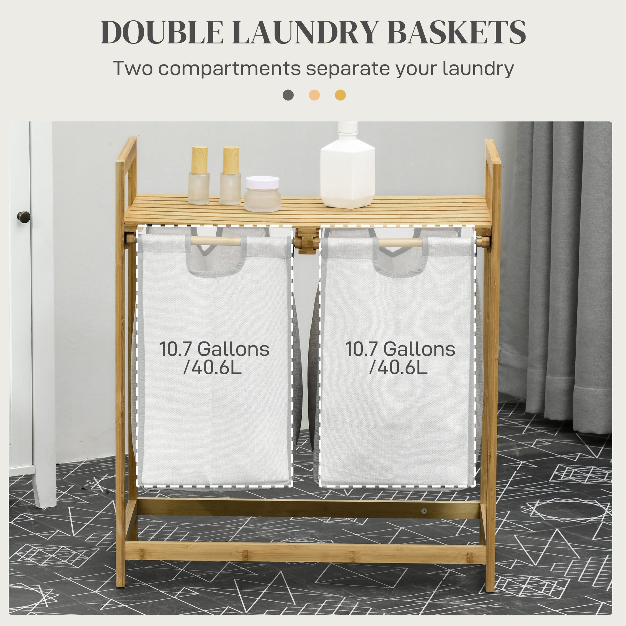 HOMCOM Double Laundry Hamper with 2 Removable Bags, Bamboo Laundry Basket with Storage Shelf, 2 x 10.7 Gallons, Natural Wood & Dark Gray – For Bedroom, Bathroom, Laundry Room