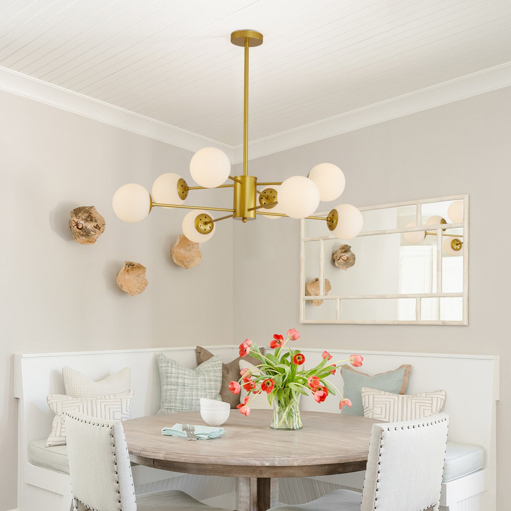 35' Modern 8-Light Gold Chandelier with White Glass Globe Shades, Mid-Century Branching Design, Elegant Ceiling Light Fixture for Dining Room, Living Room, or Bedroom (No Bulbs)