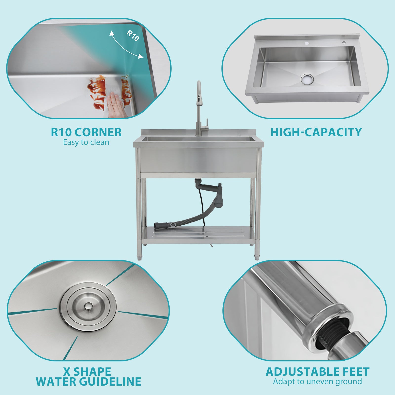 Stainless Steel Freestanding Utility Sink with Pull-Out Faucet, Large Single Bowl, Brushed Nickel, 21'D x 36'W x 35.5'H