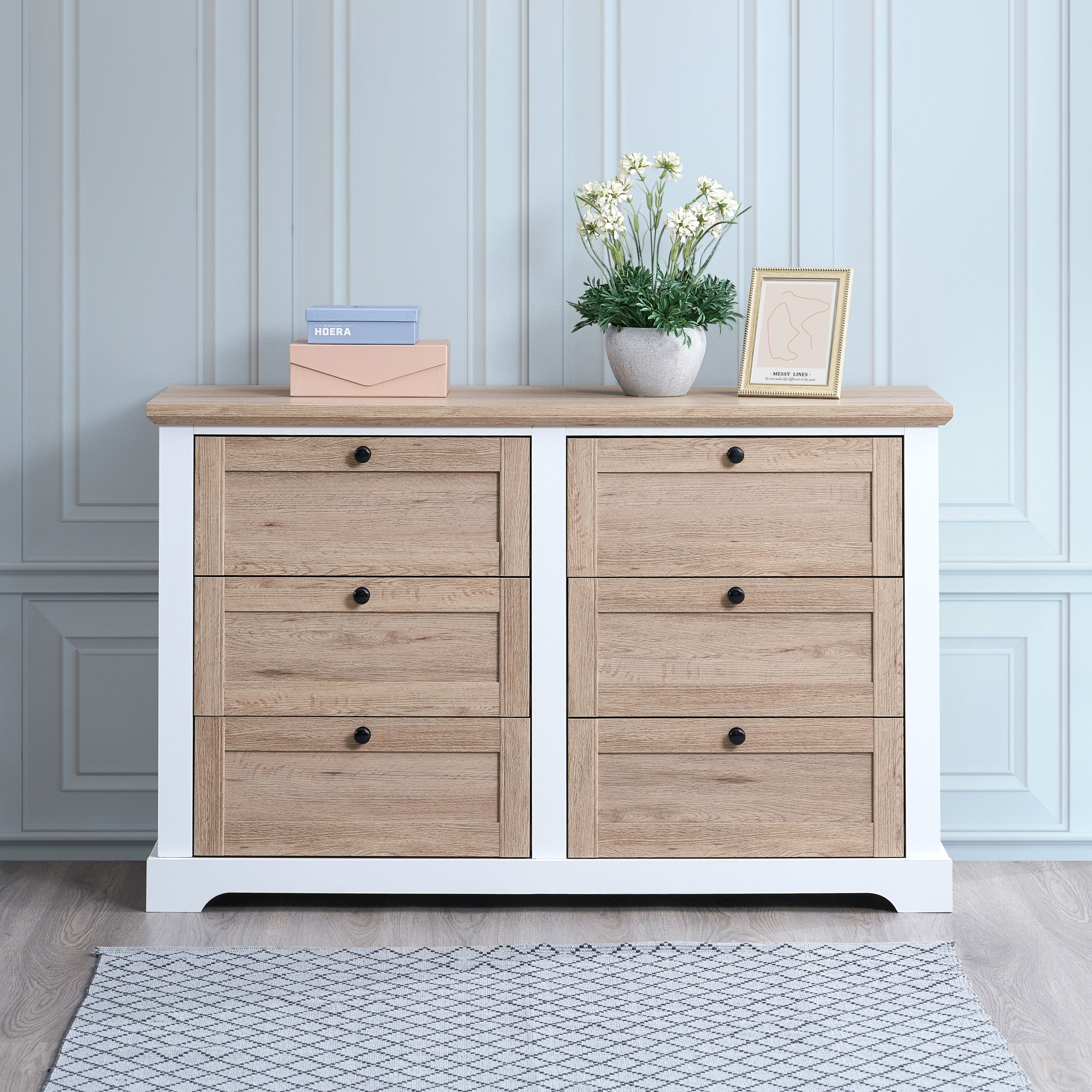 AUTUMN Modern 6 Drawer Master Dresser with Interlock Drawer Feature – Pre-assembled Drawer Slide and Interlock, Wide Dresser for Bedroom, 6 Deep Drawers for Closet Organizer - Easy Assembly, White/Oak