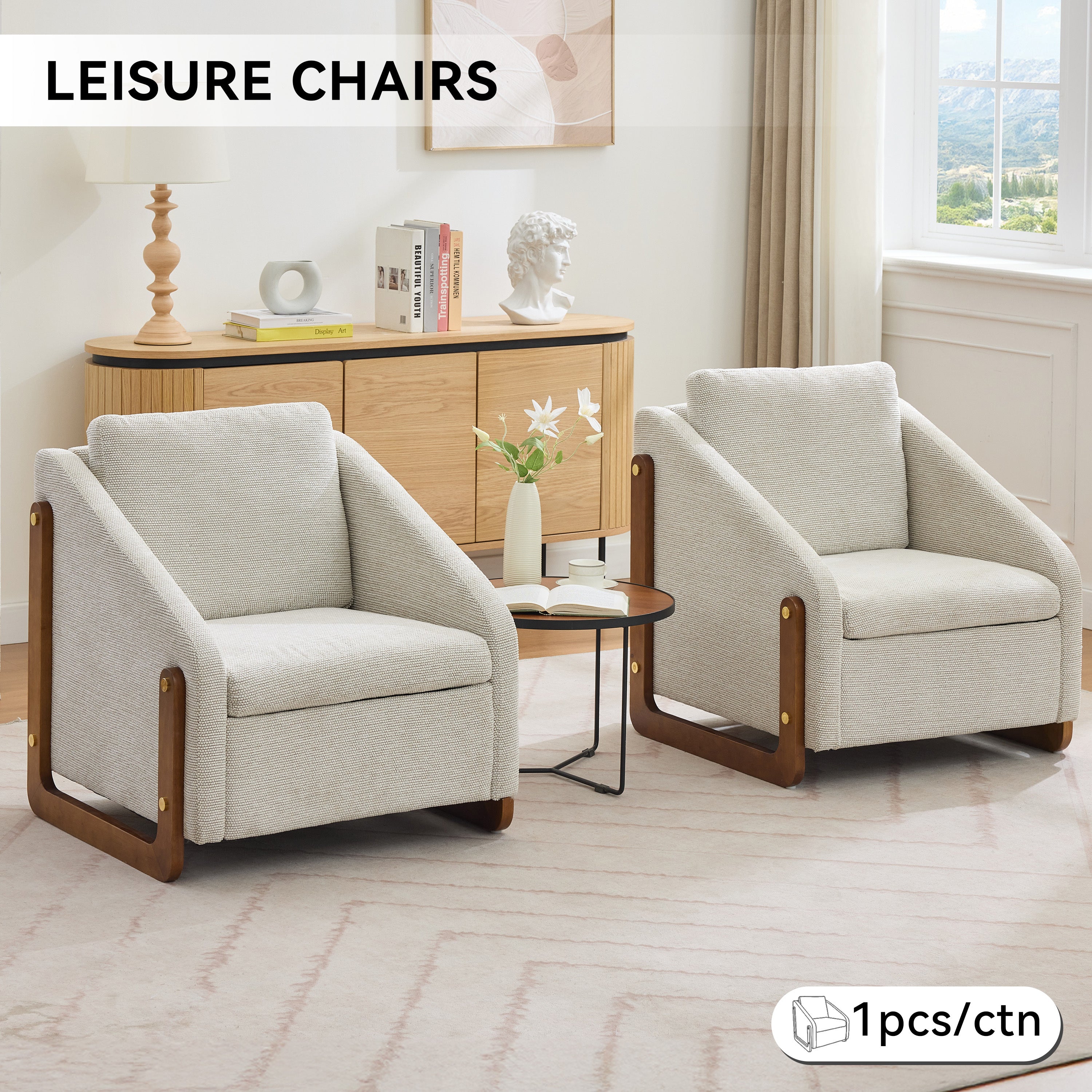 057-Set of 1 Chenille Fabric Modern Upholstered Armchair with Wooden Side Frame , Accent Leisure Chair with Cushioned Seat and Backrest for Living Room, Bedroom,Beige