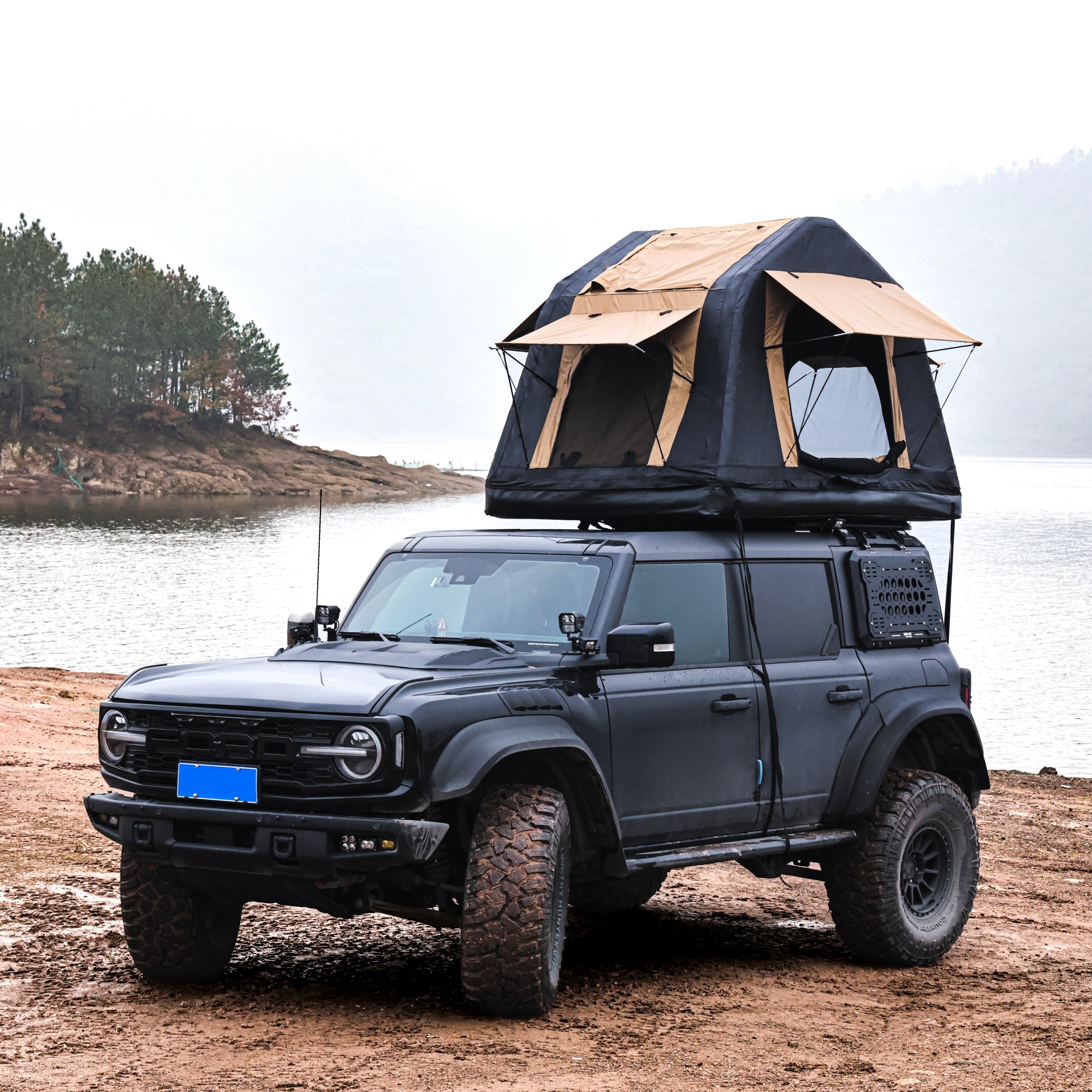 Foldable Amphibious Inflatable Roof Top Tent for 2-3 People – Two-Tone Khaki & Black, SUV & Truck Camping Tent (No Ladder)