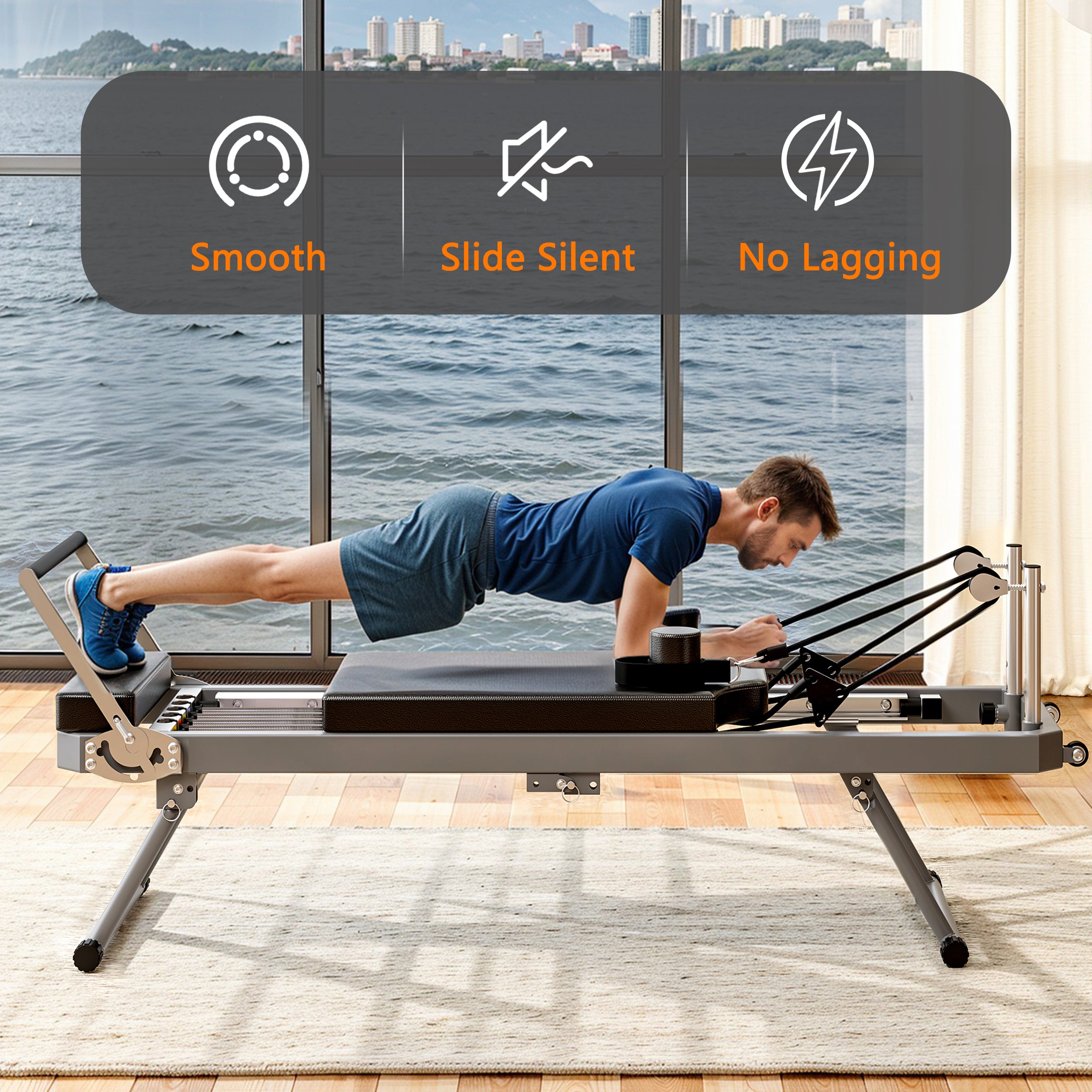 Extra Large Pilates Reformer – Multifunctional Home Fitness Machine with Resistance Cords & Aerobic Rebounder, 395lbs Capacity, Black