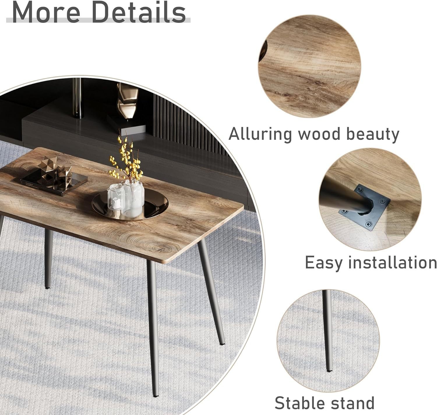 47" Modern minimalist MDF wood color dining table, black metal legs, small sized dining table, computer desk, office desk, kitchen table, for4- 6 Seat.Suitable for home & kitchen