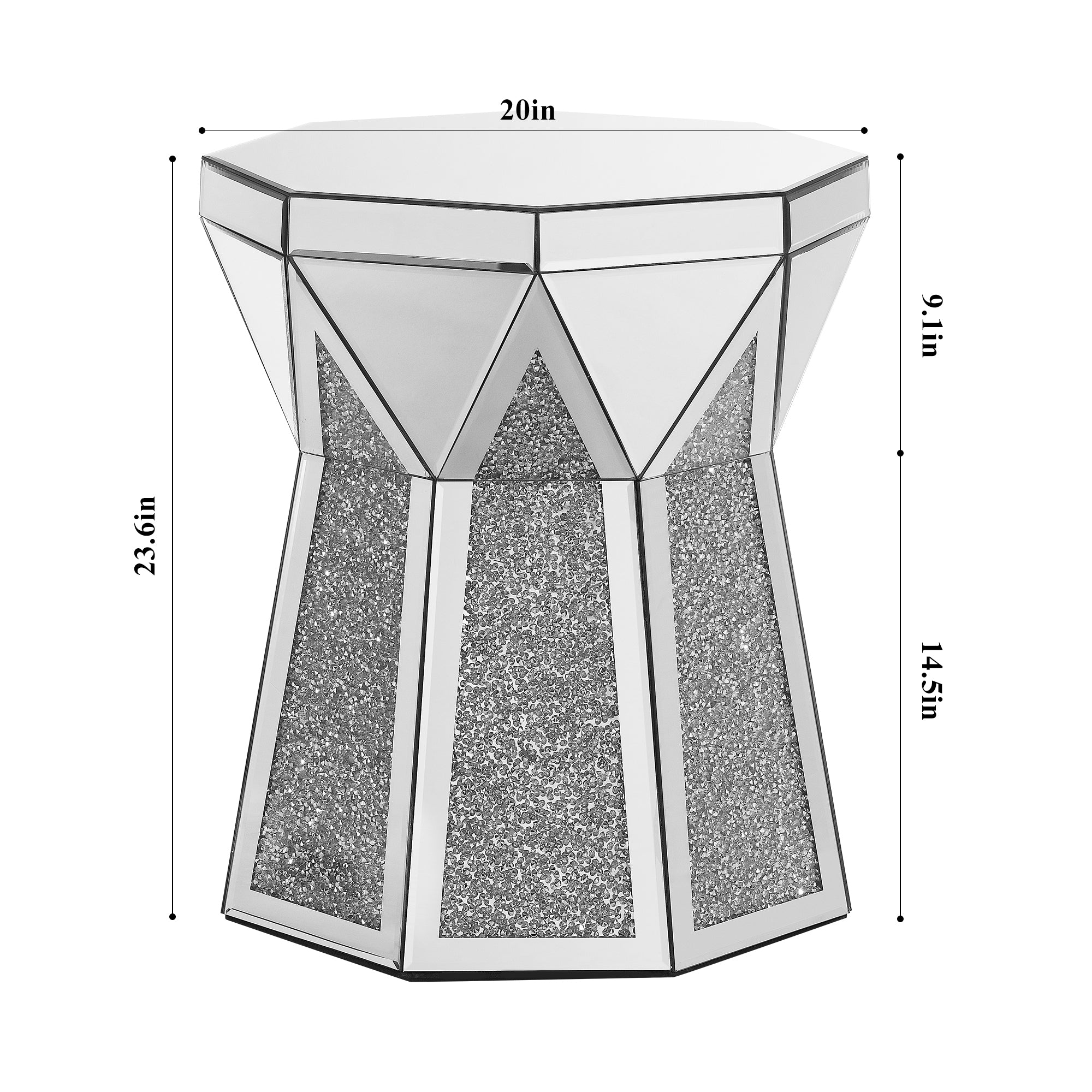 Drum style coffee table with mirror crystal inlay, polygonal silver decorative table, modern design luxury modern furniture, 20 inch (about 50 centimeters) low coffee table, suitable for living room