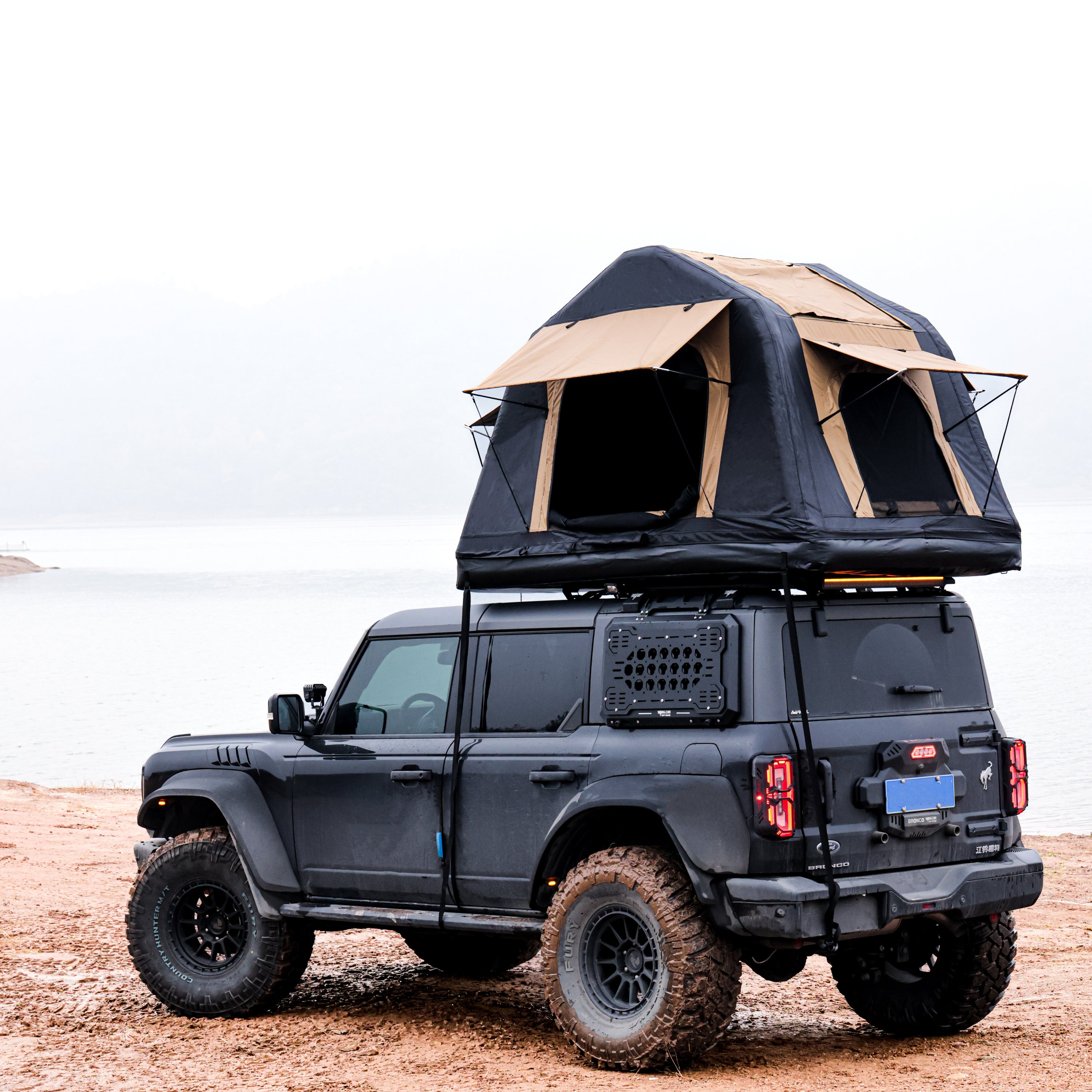 Foldable Amphibious Inflatable Roof Top Tent for 2-3 People – Two-Tone Khaki & Black, SUV & Truck Camping Tent (No Ladder)