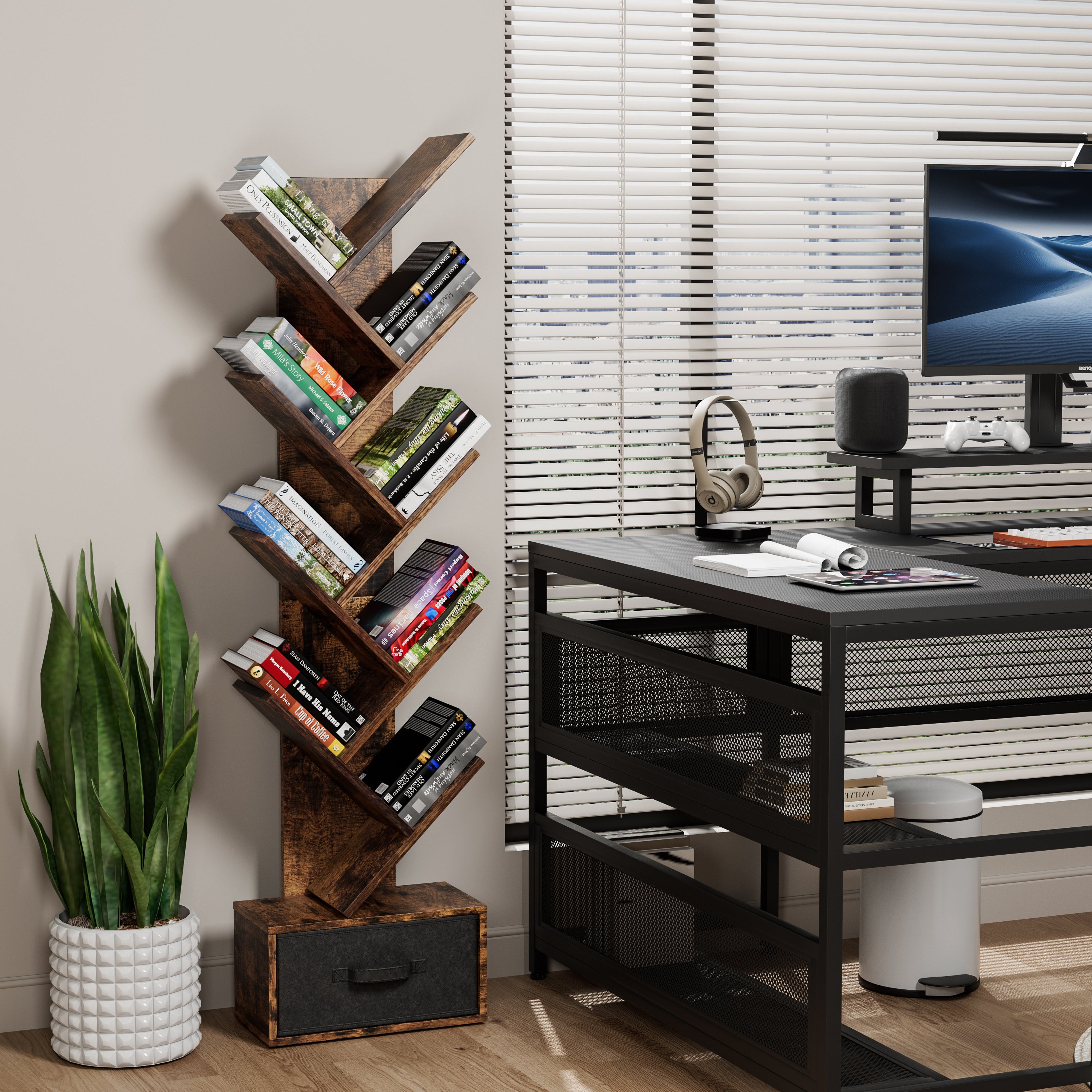 9 Tier Tree Bookshelf with Drawer Bookcase, Modern Book Storage, Free Standing Tree Bookcase, Utility Organizer Shelves for Home Office, Living Room, Bedroom, Rustic Brown