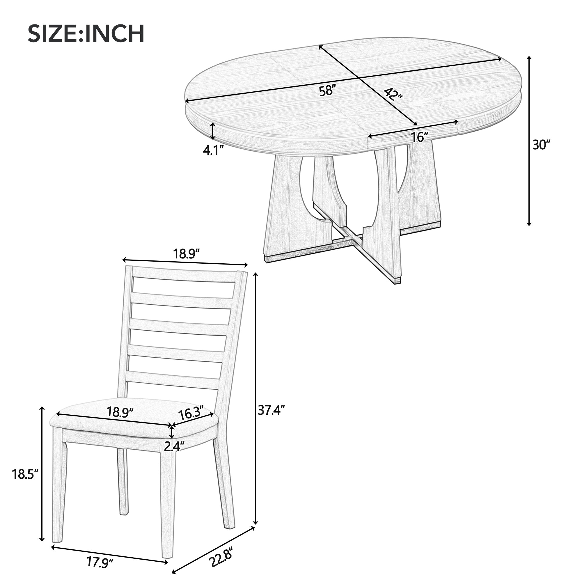 TREXM 5-Piece Retro Rustic Functional Dining Set – 1 Extendable Table with 16-Inch Leaf and 4 Upholstered Chairs, Unique Geometric Design, Ideal for Dining Room and Kitchen (Natural)