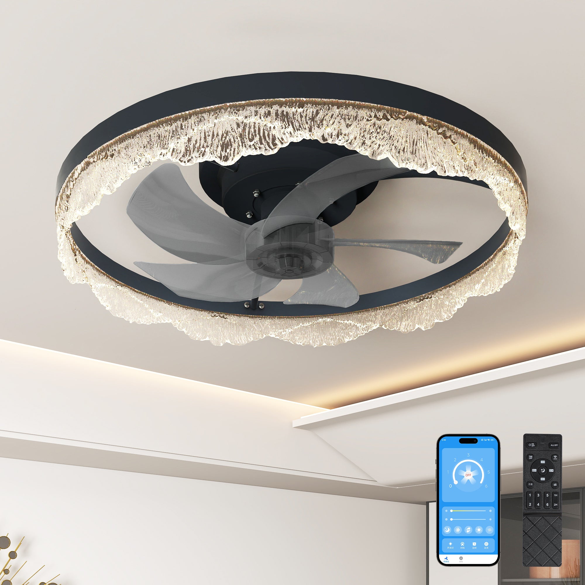 20" Modern Black Ceiling Fan with Light | Decorative Flush Mount Fan with Hidden Blades & Remote