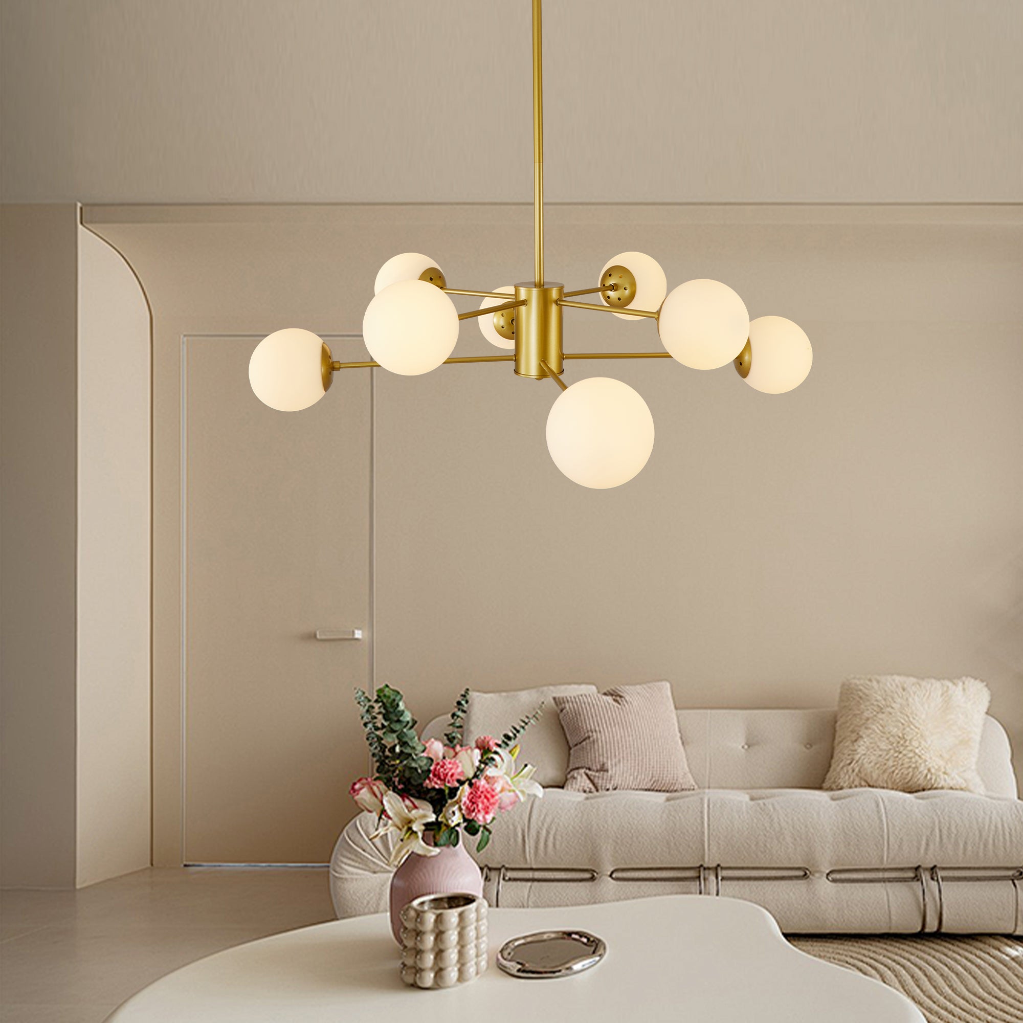 35' Modern 8-Light Gold Chandelier with White Glass Globe Shades, Mid-Century Branching Design, Elegant Ceiling Light Fixture for Dining Room, Living Room, or Bedroom (No Bulbs)