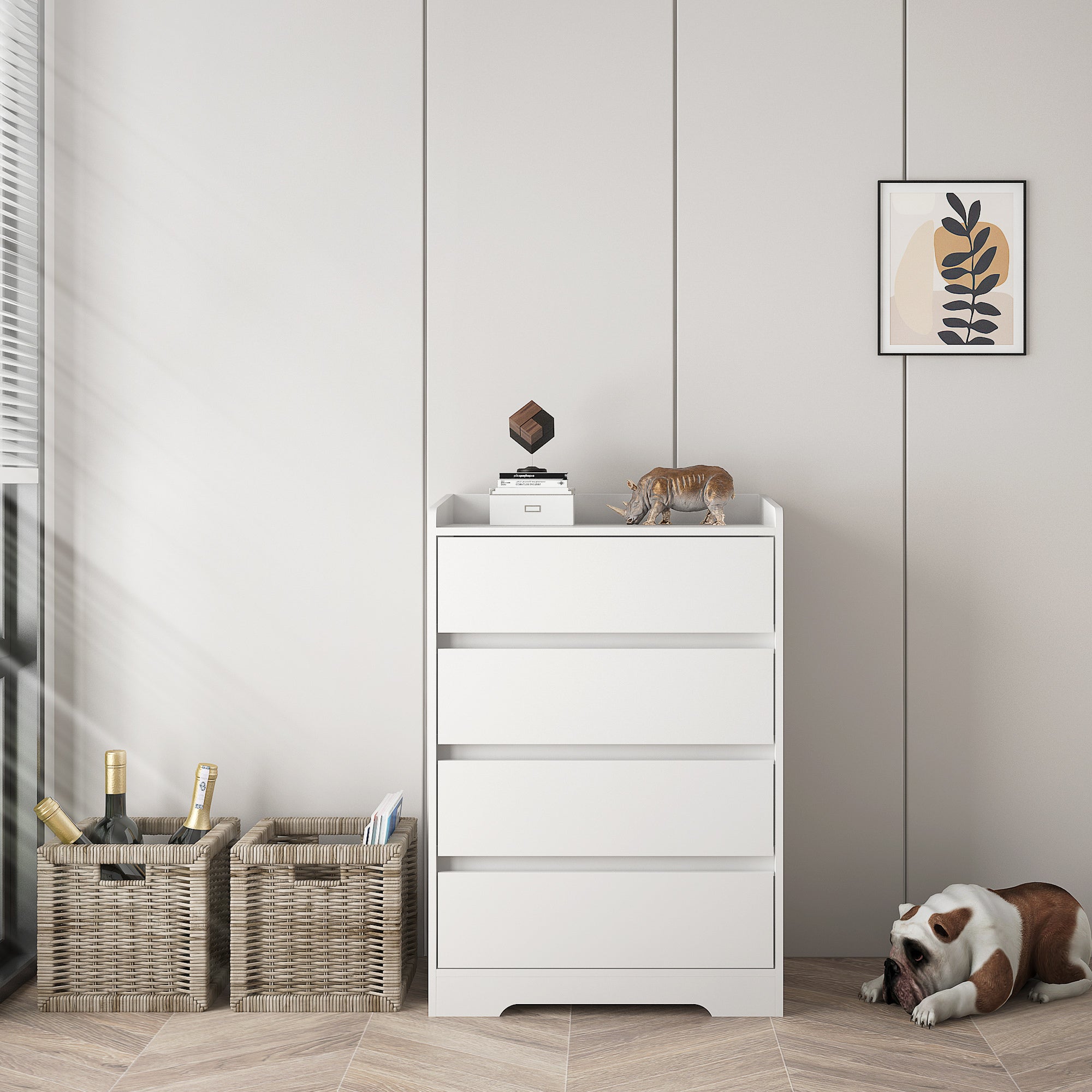 4 Drawer Dresser, Chest of Drawers Without Handle, White Dresser for Bedroom 100% Waterproof, Modern Wooden Cabinet with Sturdy Frame for Living Room, Entryway, Bedroom, Hallway, Office