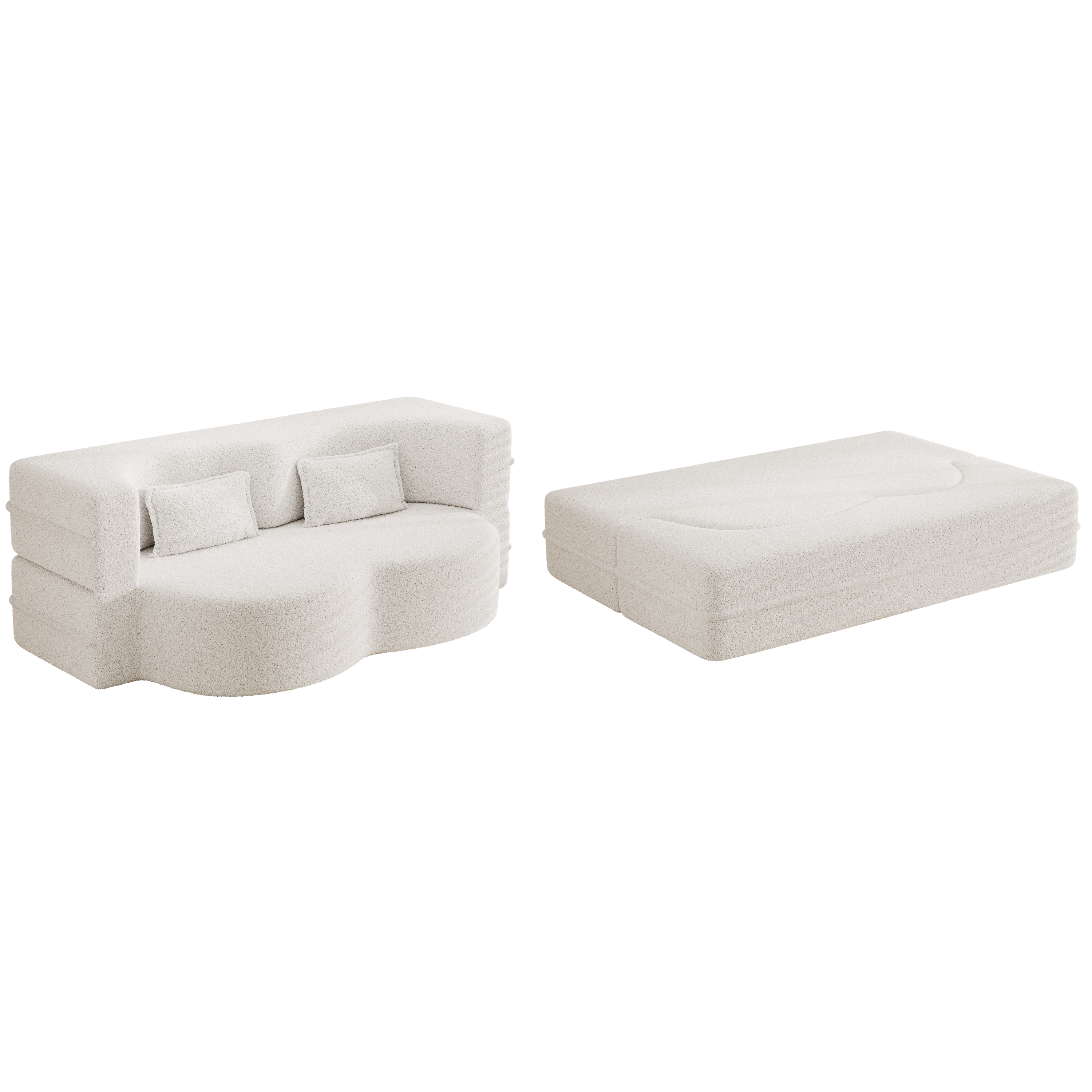 Modern Floor Sofa with 2 Pillows,Convertible Teddy Fabric Foam-Filled Sleeper Sofa Bed,15" Full Size Folding Mattress for Living Room,Guest Bed,Playroom,no assembly required,Beige(Old Sku:W1885P190390
