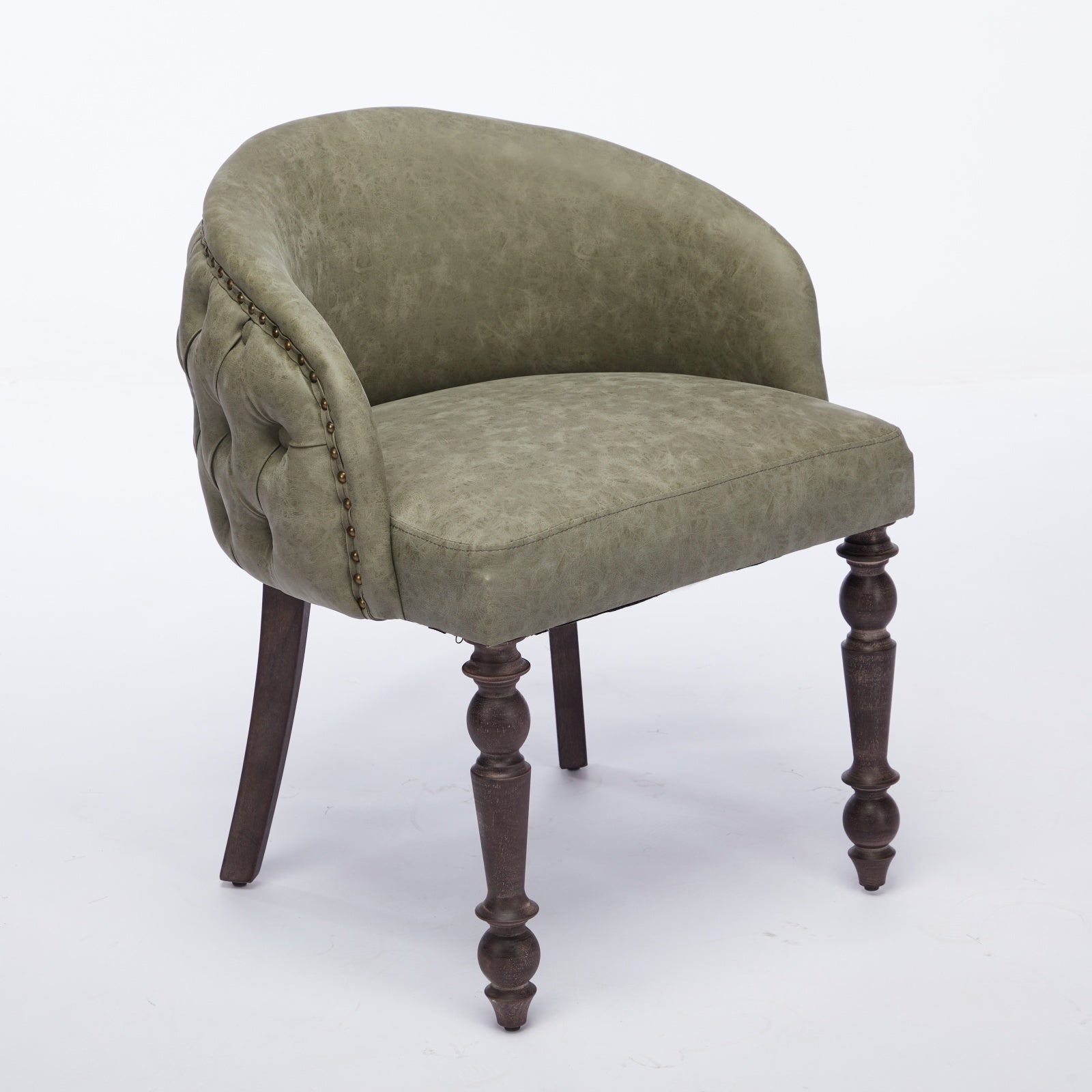 Hand-pulled buckle decoration PU Dining Chair,Accent Leisure Chair, Mid-Century Modern Arm Chair with Solid Wood Armrests and Legs, 1-Seat Cushioned Sofa for Living Room Bedroom,Olive Green color
