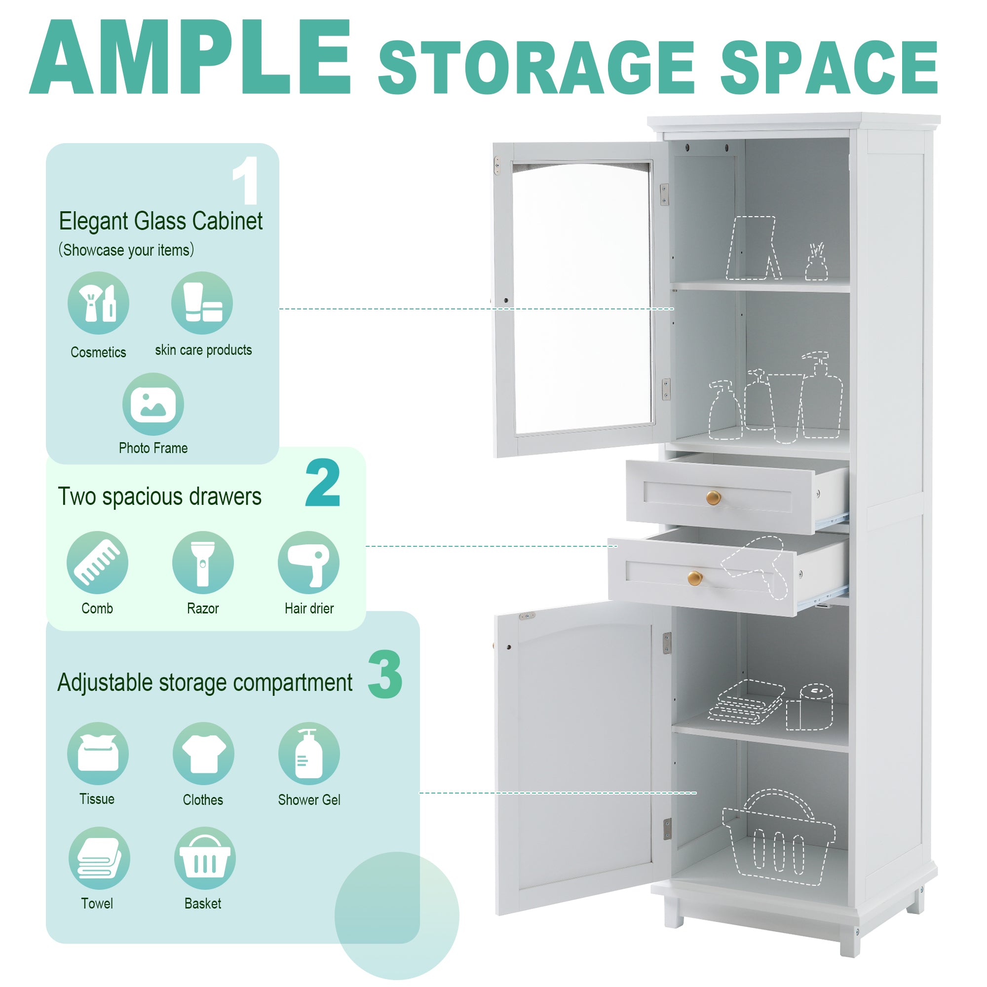63" Tall Bathroom Storage Cabinet with Glass Doors, Free-Standing, Two Drawers & Adjustable Shelves – MDF Board, Painted White – Perfect for Displaying Favorite Items