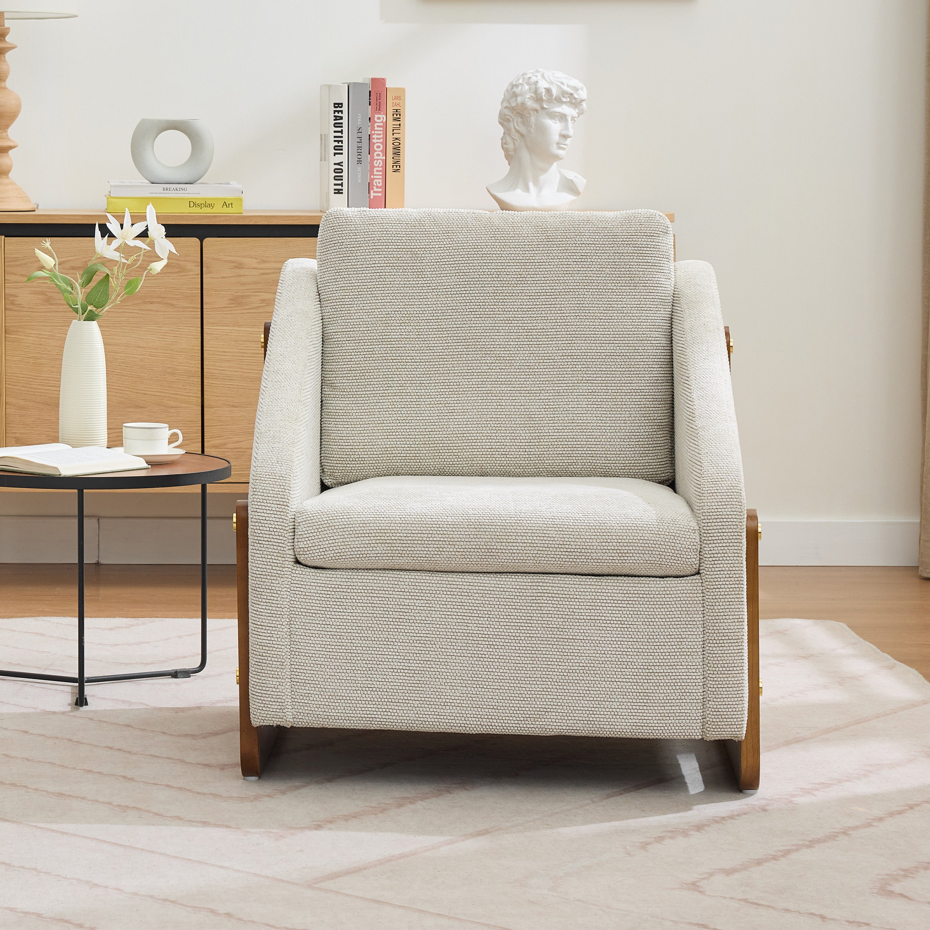 057-Set of 1 Chenille Fabric Modern Upholstered Armchair with Wooden Side Frame , Accent Leisure Chair with Cushioned Seat and Backrest for Living Room, Bedroom,Beige