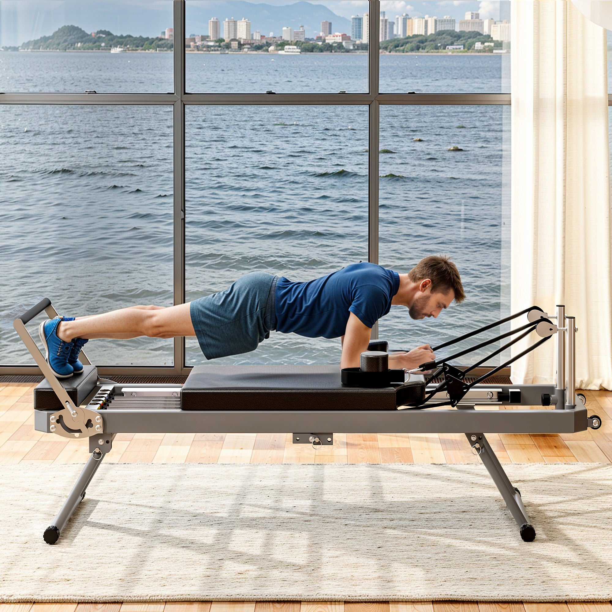 Extra Large Pilates Reformer – Multifunctional Home Fitness Machine with Resistance Cords & Aerobic Rebounder, 395lbs Capacity, Black