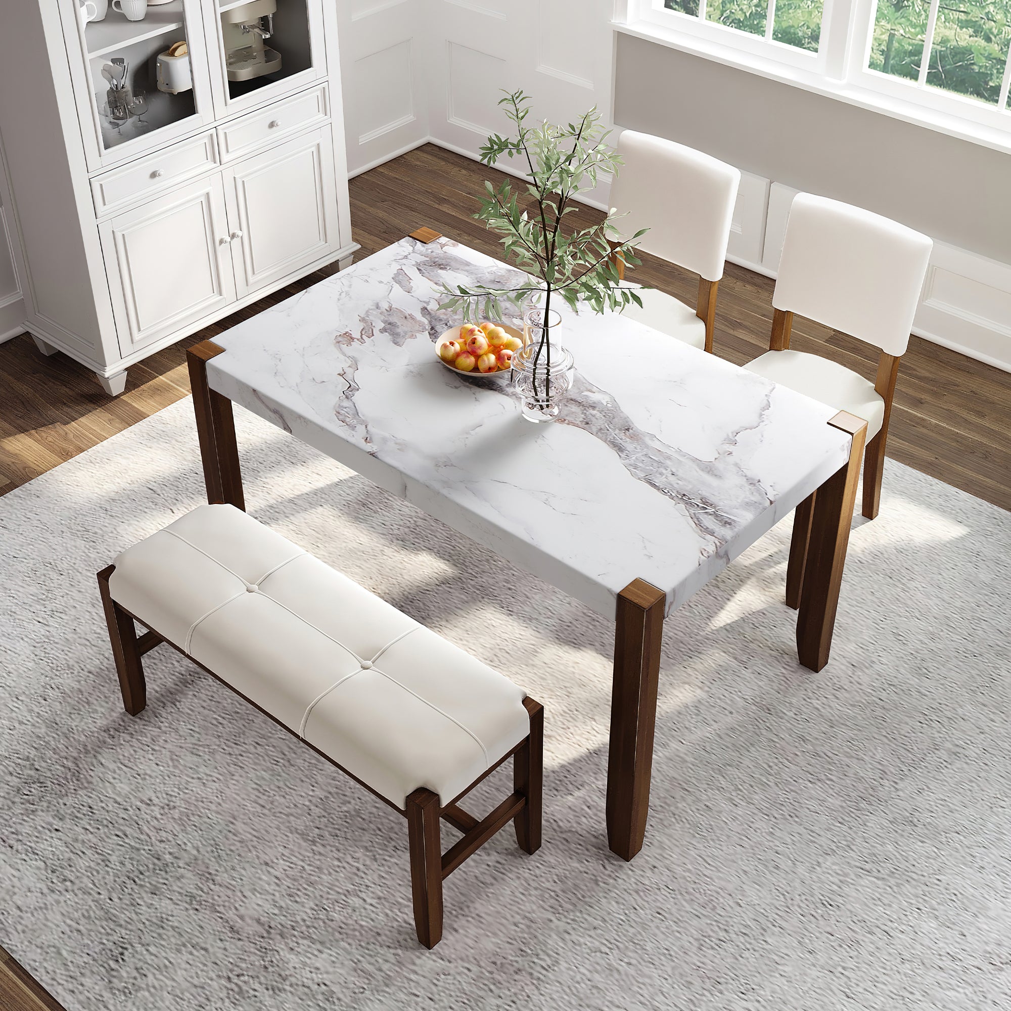 4-Piece Modern Dining Furniture Set, Space-Saving 4-Person Dinette for Kitchen, 46" Faux Marble Style Table with 2 Upholstered Chairs and Bench with Wood Legs
