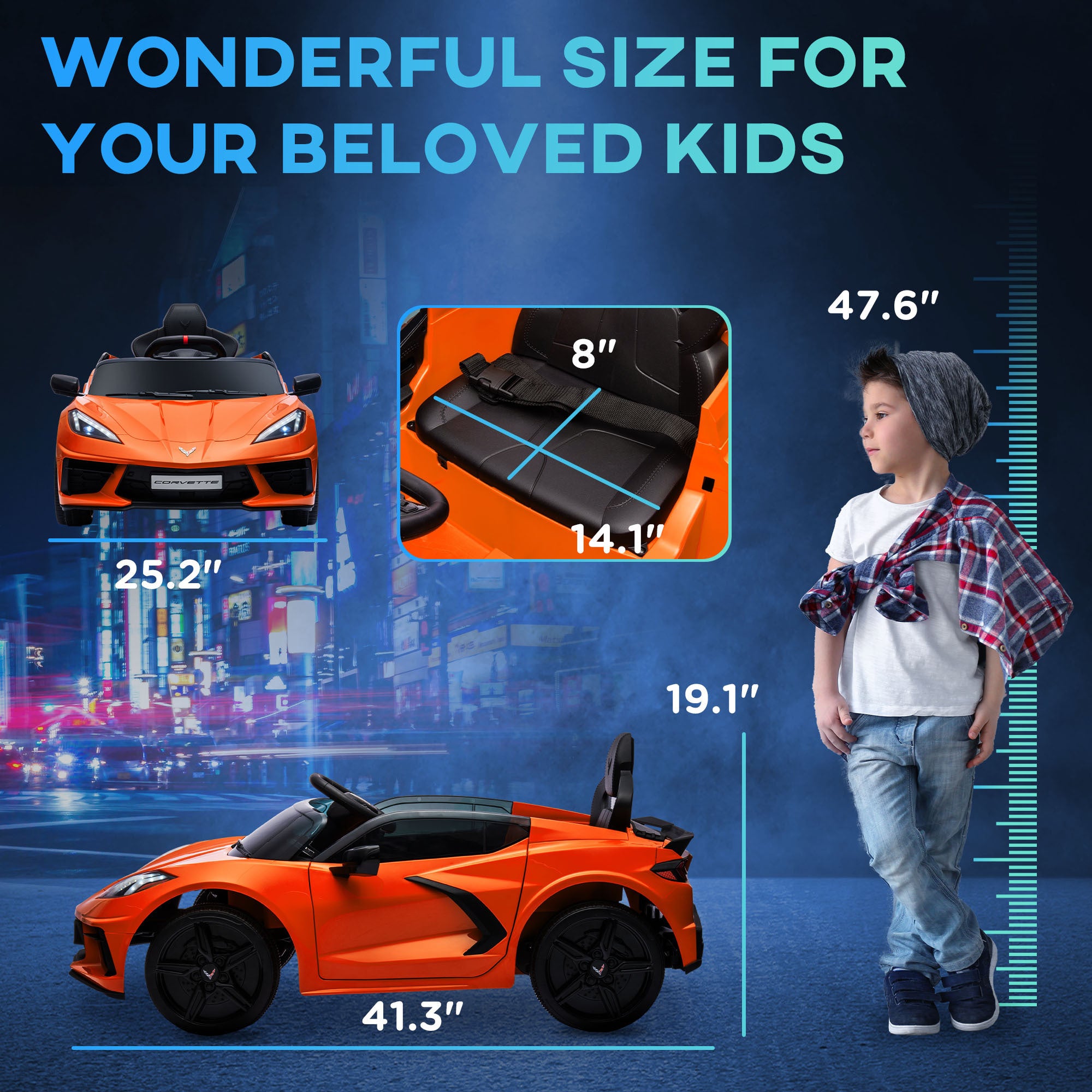 Qaba 12V Electric Car for Kids – Licensed Chevrolet Corvette, Parental Remote Control, Suspension, Music, Horn, Headlight, Slow Start, for Kids Aged 3-6, Orange