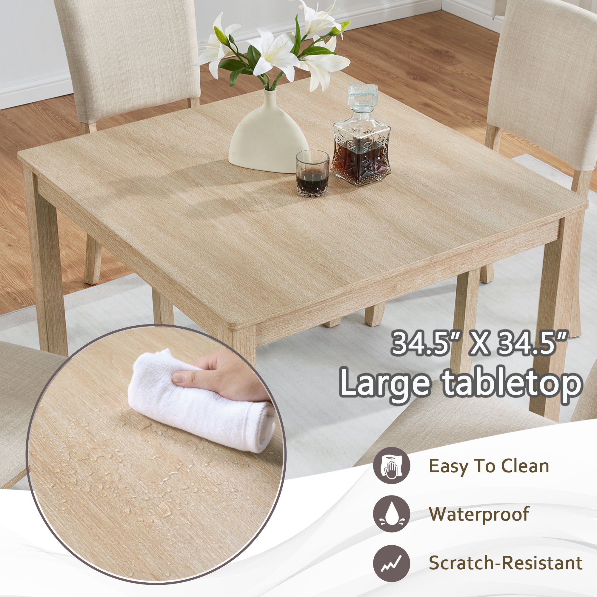 Modern 5-Piece Dining Table Set | 4-Person Wooden Dining Set in Light Oak & Beige