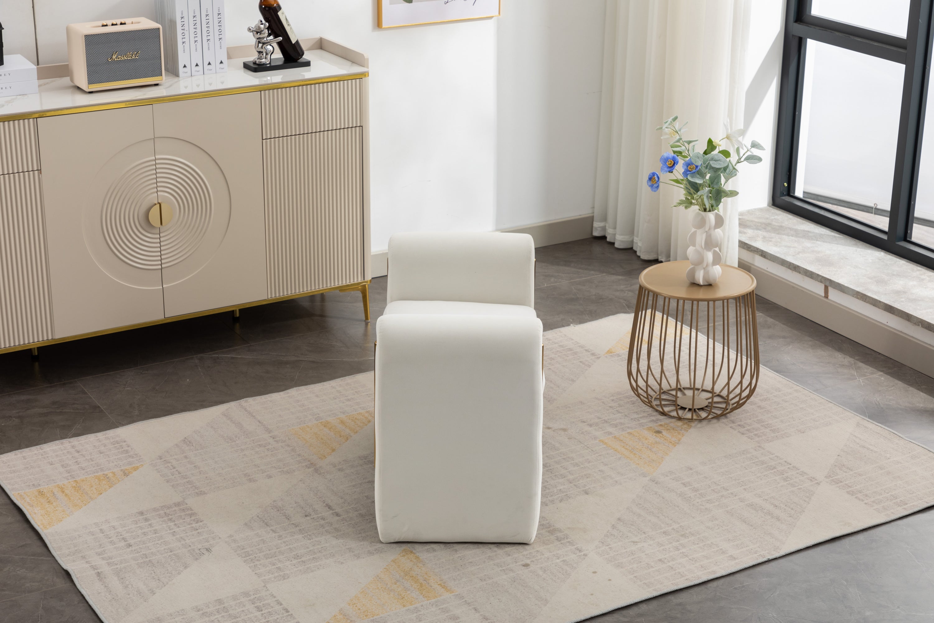 031-Velvet Fabric Single Bench Shoe Bench Makeup Bench For Bedroom Indoor,Ivory