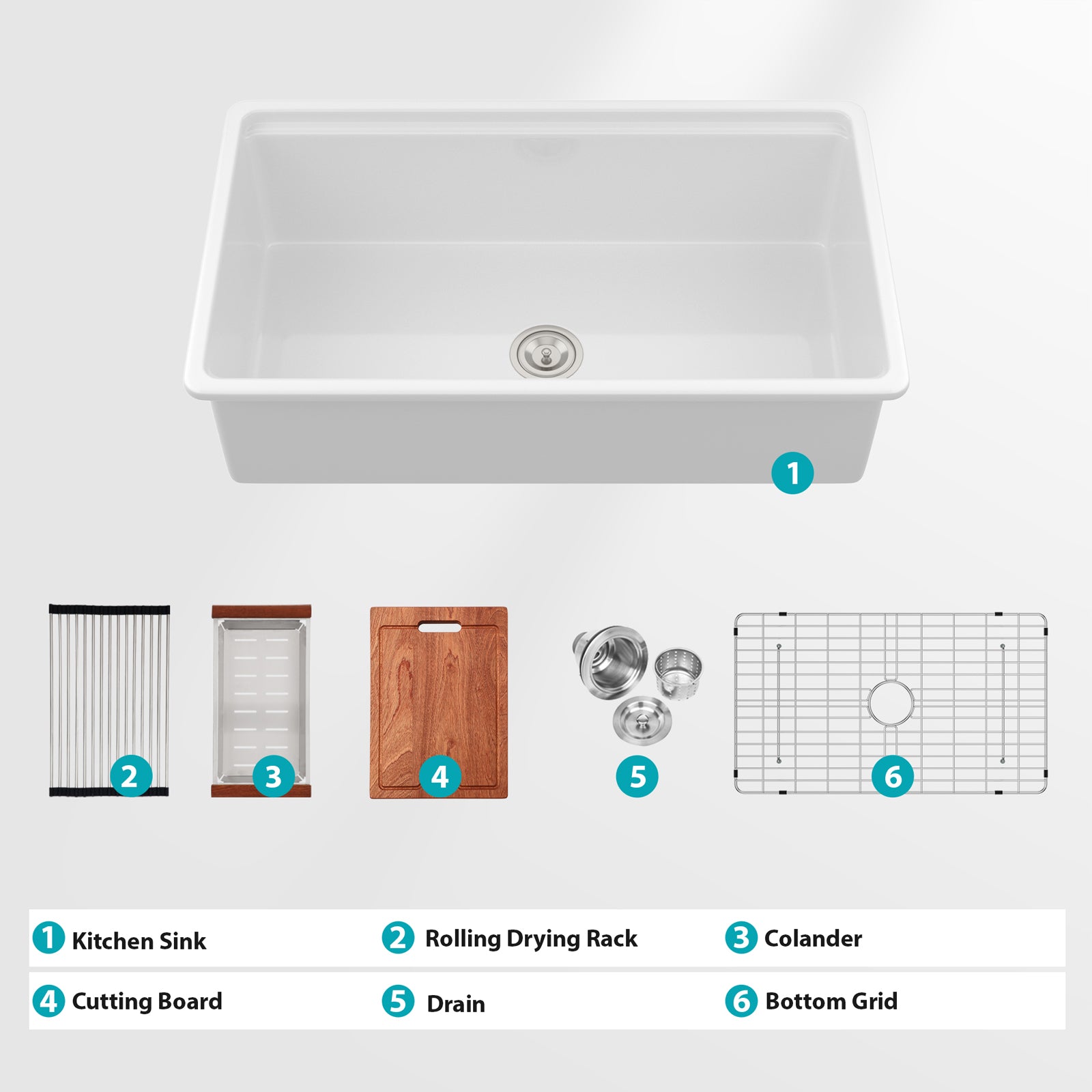 Undermount White Kitchen Sink Workstation - 33 inch White Porcelain Ceramic Single Bowl Dual Mount Kitchen Sink