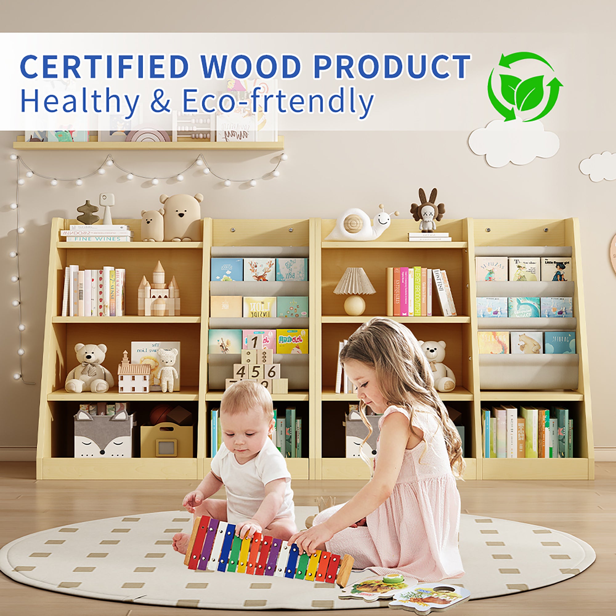 Wooden Toy Storage Organizer Cabinet – Natural Wood Kids Bookshelf, Adjustable Sling Book Rack for Playroom, Bedroom, Nursery, Hallway, and Kindergarten