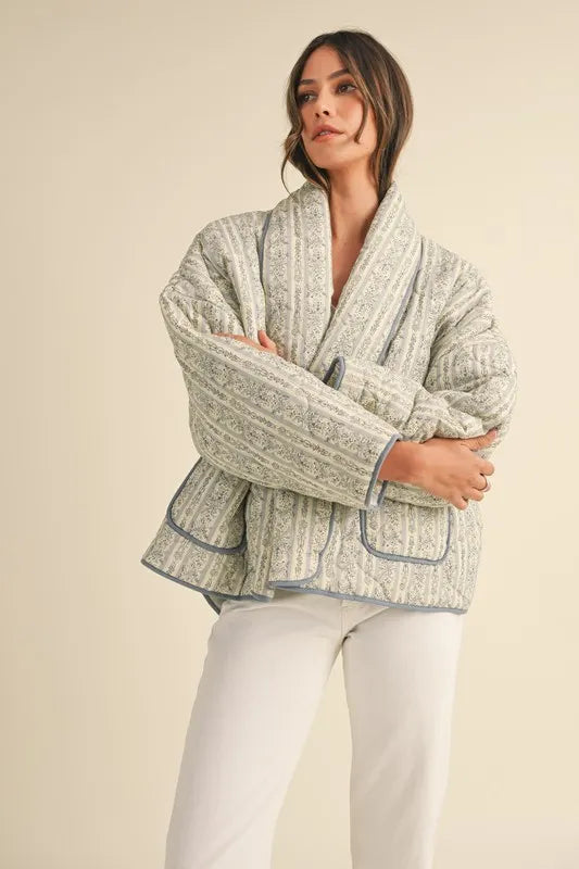 MABLE Floral Printed Quilted Open Front Jacket