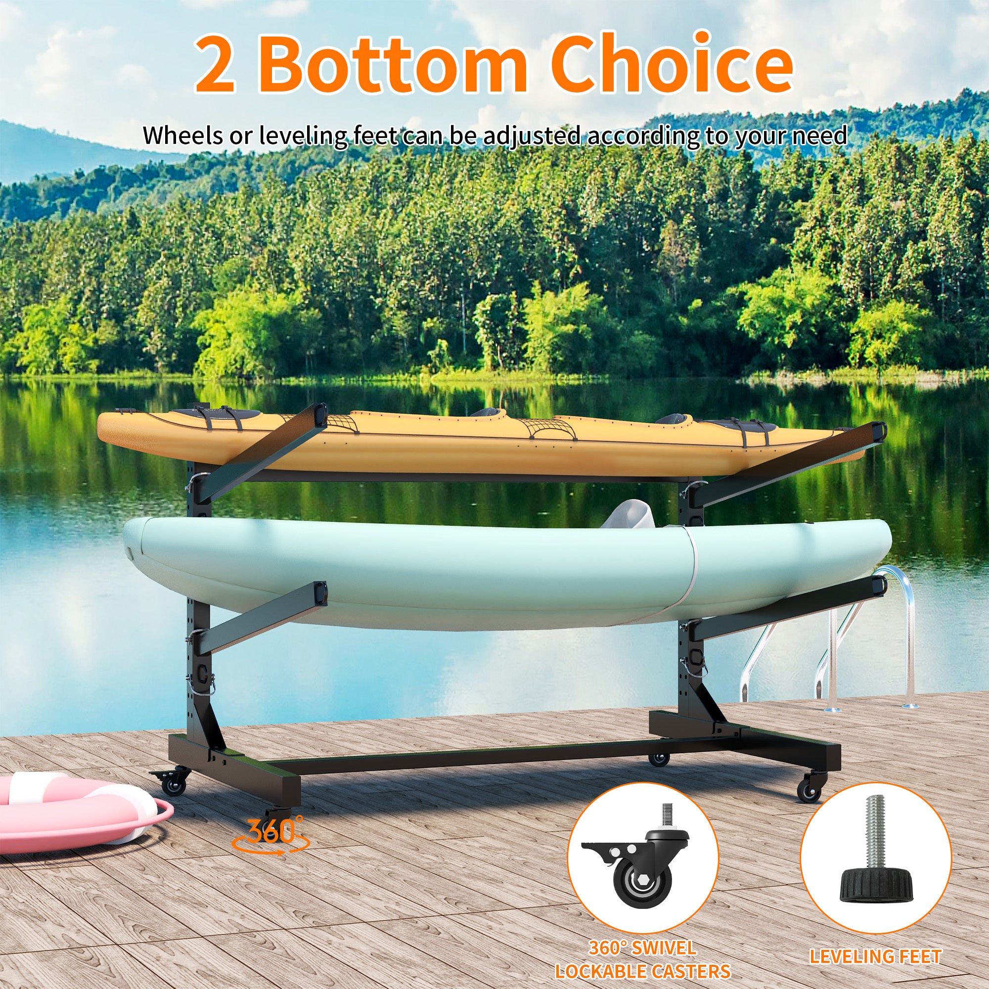 Freestanding Kayak Storage Rack – Holds 2 Kayaks, Heavy-Duty Adjustable Stand with Lockable Wheels for Kayak, Canoe, SUP & Surfboard