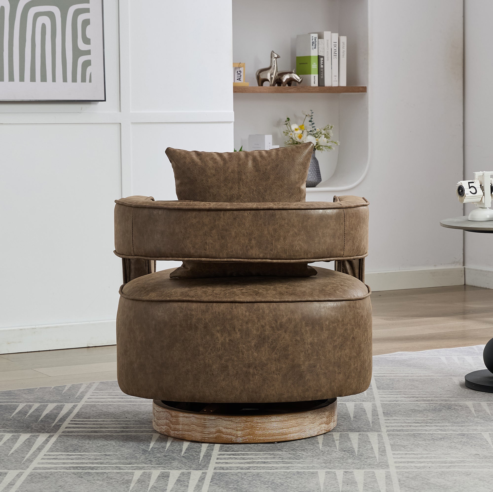 29.1"W Swivel Accent Open Back Barrel Chair Modern Comfy Sofa Chair With Weathered Base For Nursery Bedroom Living Room Hotel Office, Club Chair Leisure Arm Chair For Lounge (Coffee,PU)