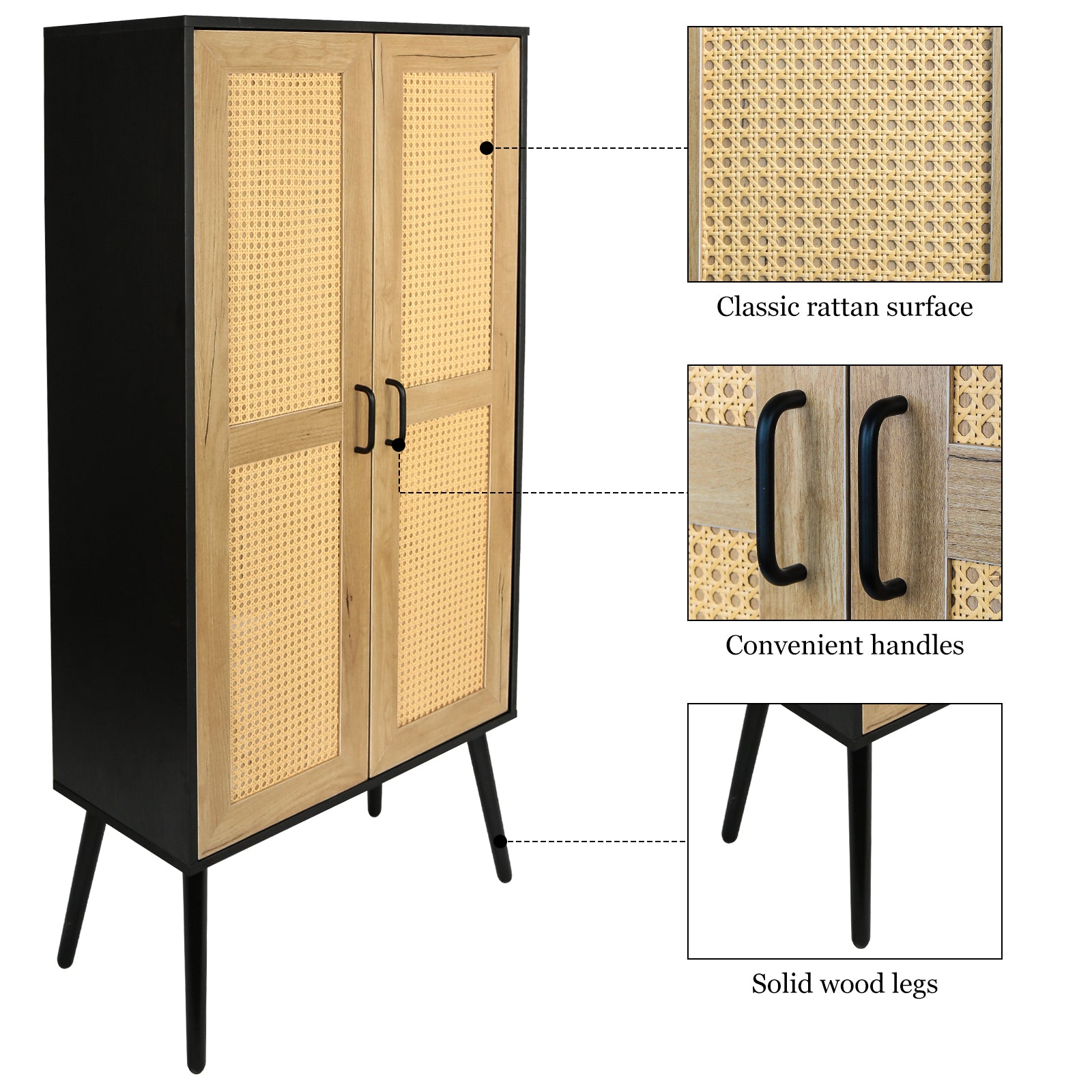 59'' Tall  Rustic Farmhouse Storage Cabinet with Shelf Wide Countertop Wooden Bedroom Living Room Kitchen Furniture with Rattan Design Nature Color