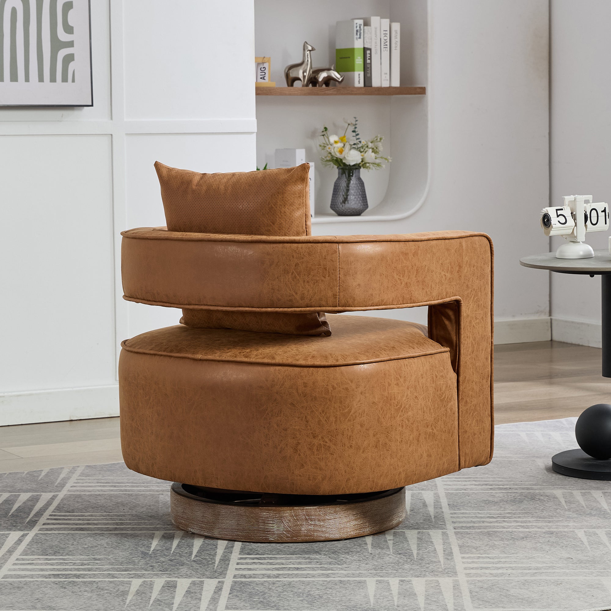 29.1"W Swivel Barrel Accent Chair – Modern PU Leather Open Back Club Chair with Weathered Base, Brown, for Living Room, Bedroom, Office, Lounge