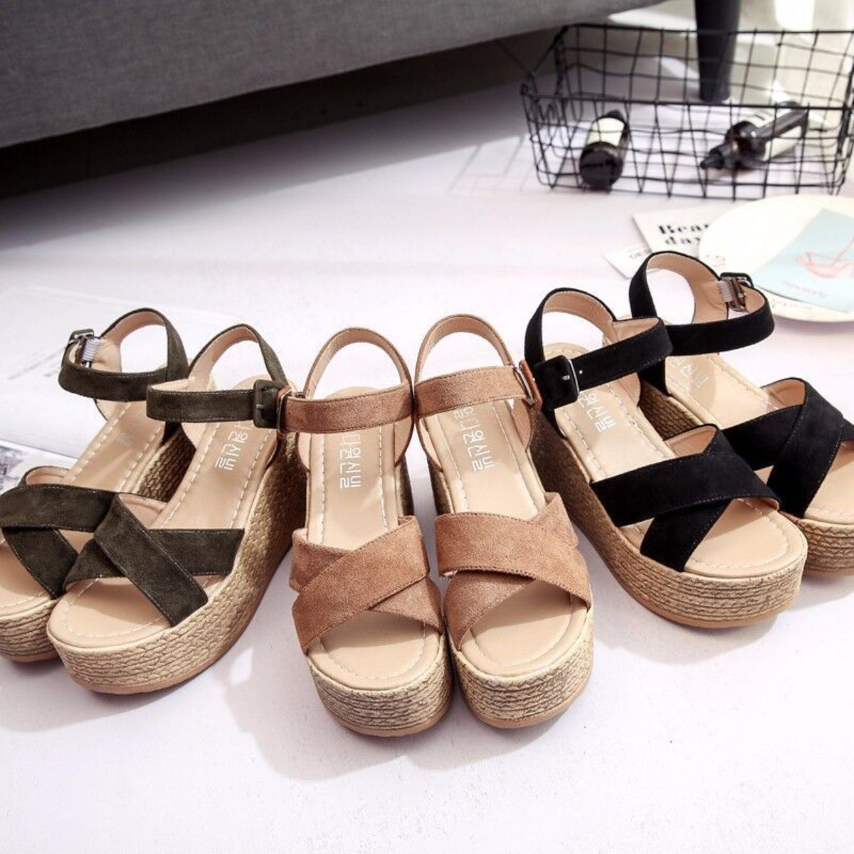 Crisscross Open Toe Wedge Sandals Black